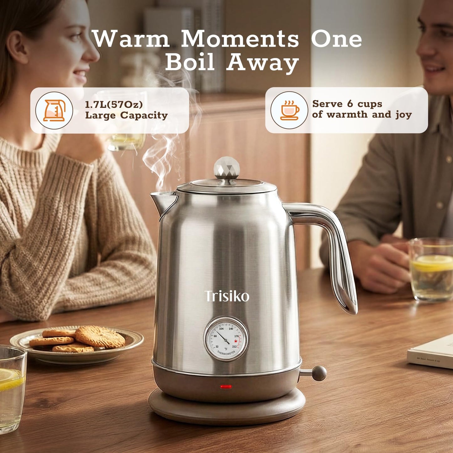 Trisiko 1.7L Large Electric Kettle with Thermometer,57.oz Electric Tea kettle with Automatically Shut Off,304 Stainless Steel,1200W Hot Water Kettle Electric for Coffee&Tea (Chrome)