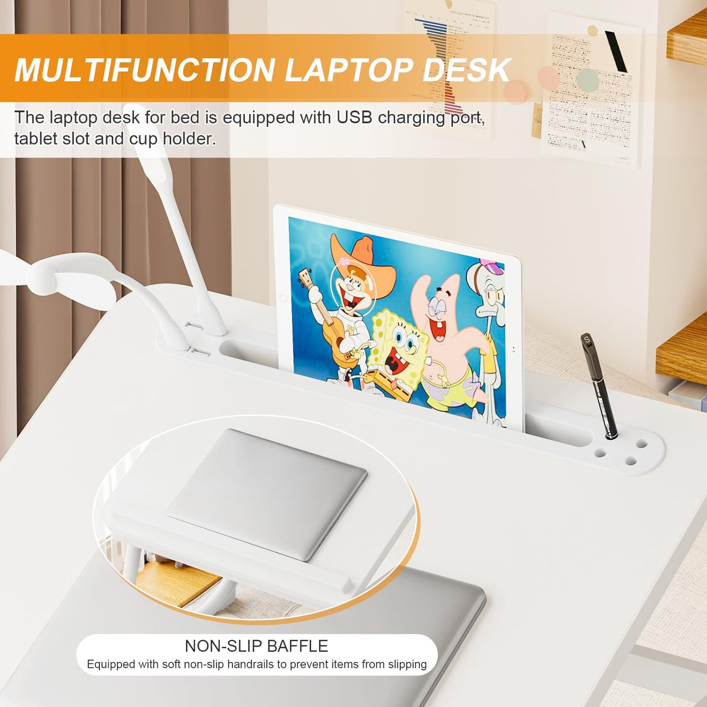 Laptop Desk for Bed, Adjustable Laptop Stand with 5 Different Angles, Portable Lap Tray Table with USB Charge Port and Cup Holder, Laptop Bed Desk Tray for Eating Working Writing (White)