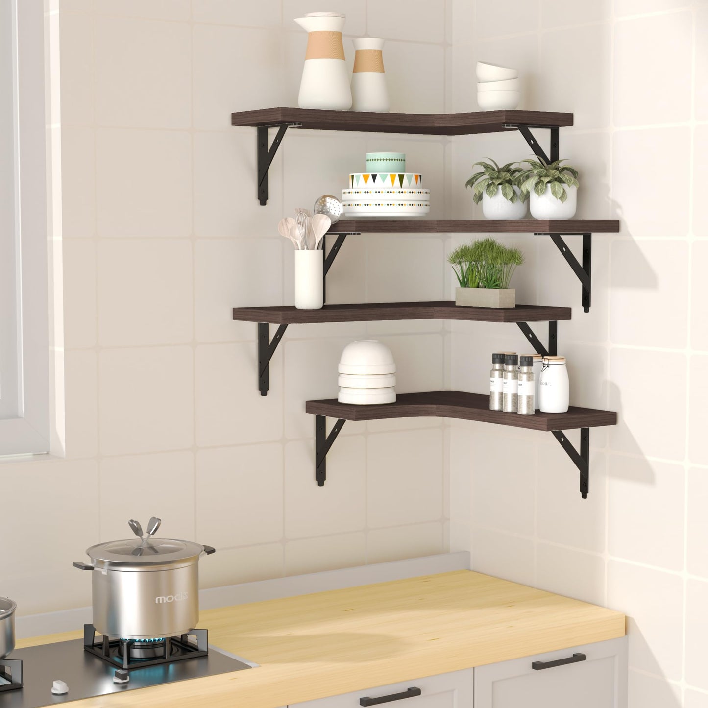 ROMGUAR CRAFT Corner Floating Shelves Wall Mounted Set of 4, Rustic Wood Storage Display Shelves for Home Decor, Bathroom, Kitchen, Bedroom, Living Room, Office (Brown)
