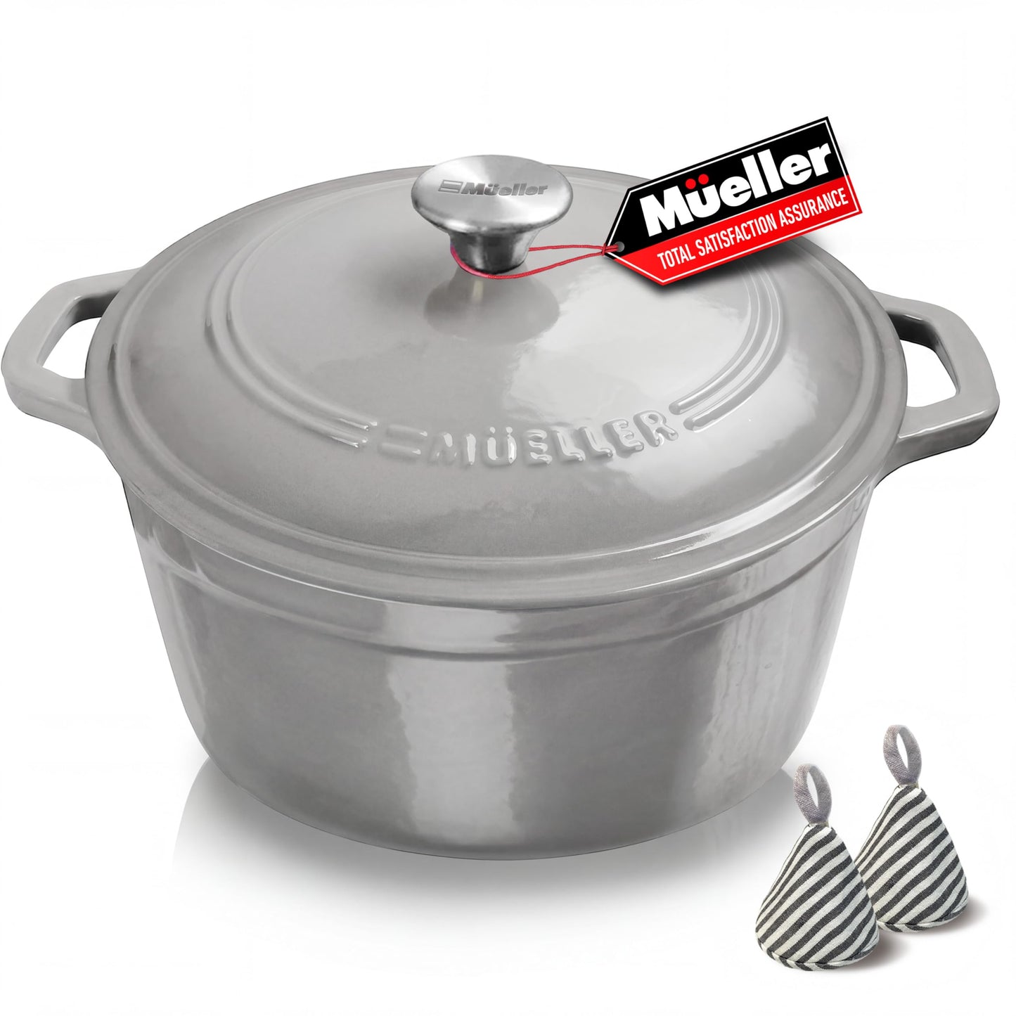 Mueller 6 Quart Enameled Cast Iron Pot Dutch Oven, Heavy-Duty Oven-Safe up to 500° F, & Across All Cooktops, Casserole Dishes for Ovens, Bread Pan with Lid and Knob, Cast Iron Cookware, Grey