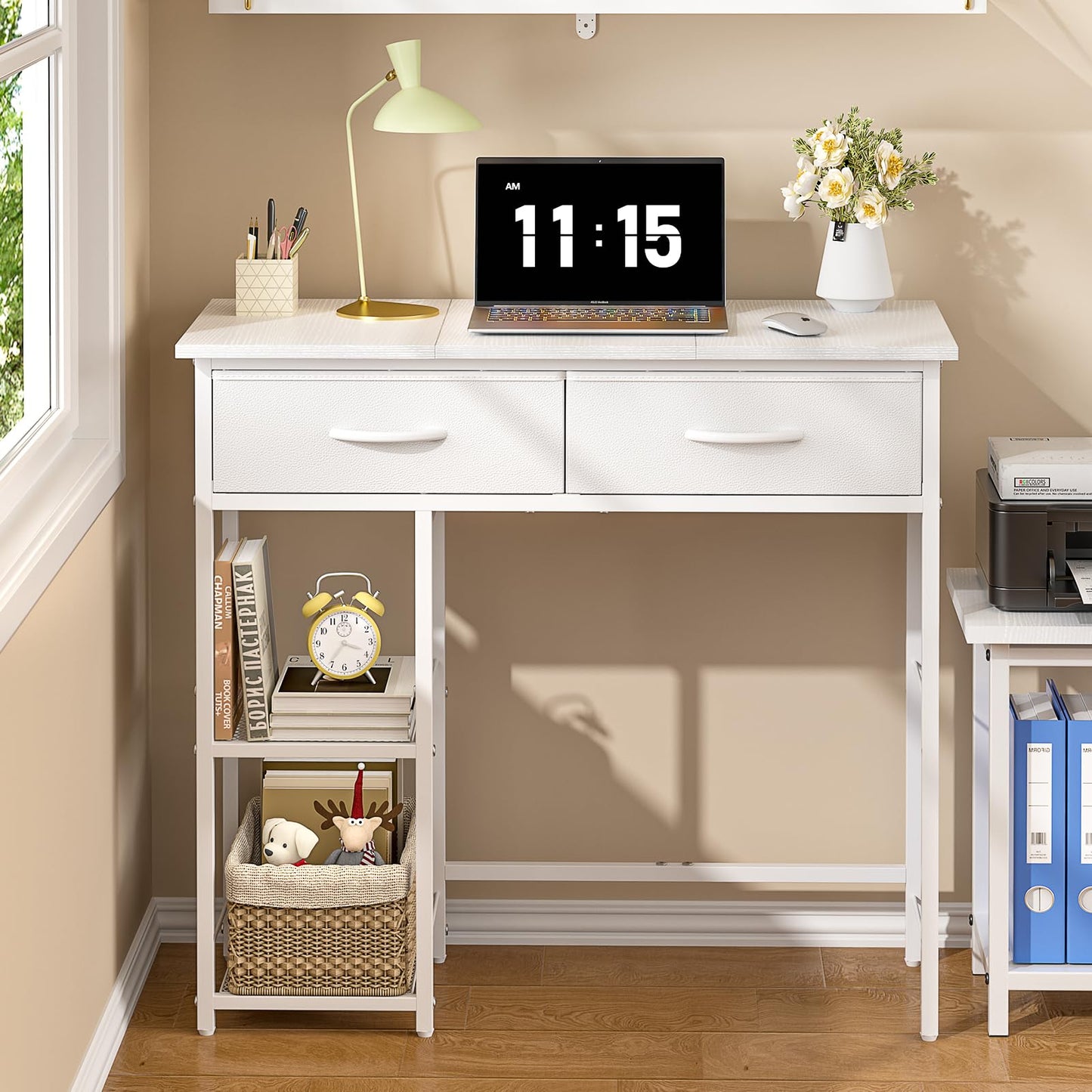 ThreeHio Small Writing Desk with 2 Drawers, White Computer Desk with Storage Shelf, Home Kids Study Table for Small Spaces, Simple Desk for Bedroom, Home Office, Living Room, Dorm, Vanity Desk, White