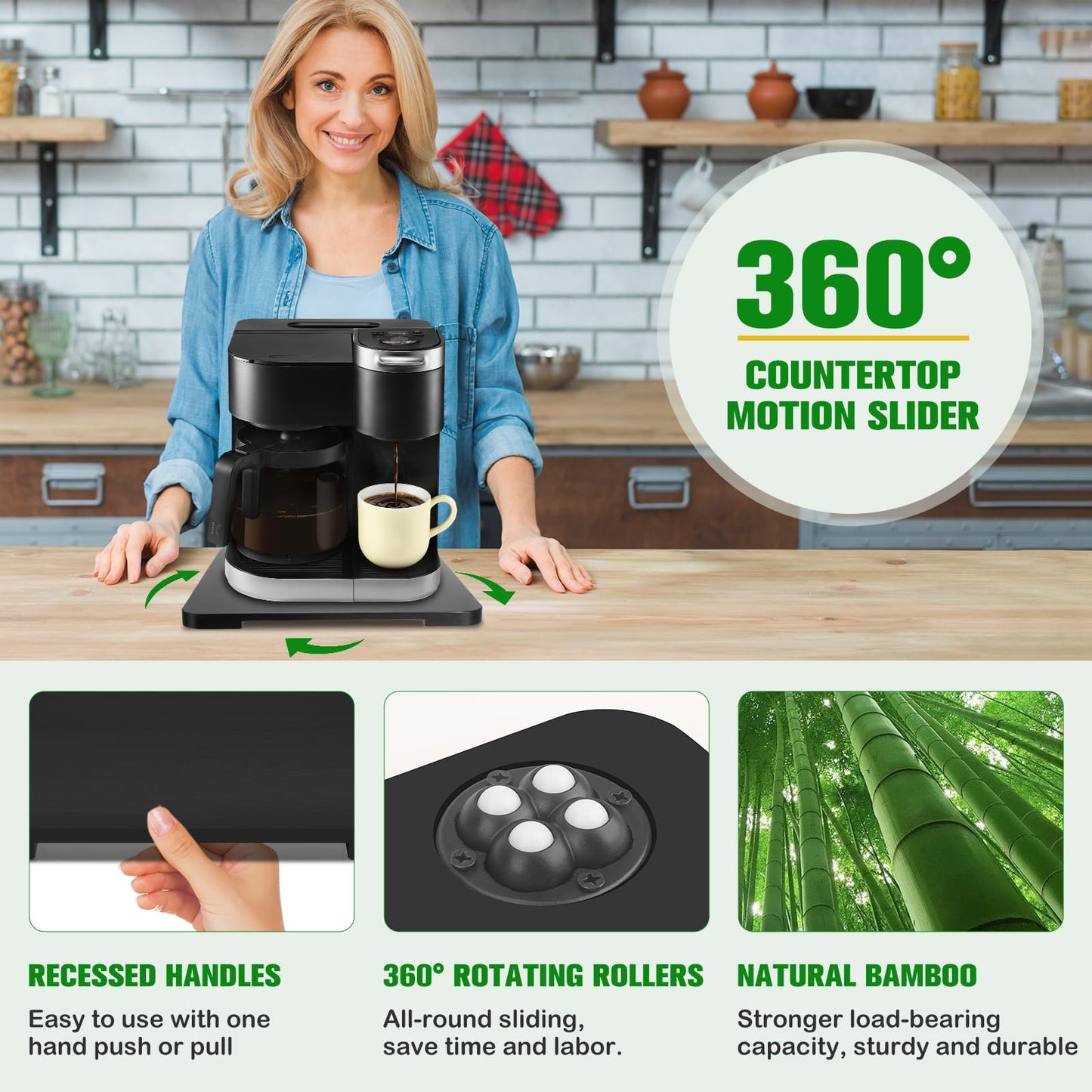 Appliance Slider 360° Rolling Tray for Coffee Maker Bamboo Coffee Pot Slider Tray Countertop Rotation Sliding Tray with Wheels, Small Appliances Mat Easily from Under the Cabinet Black(13.9"×11.6")