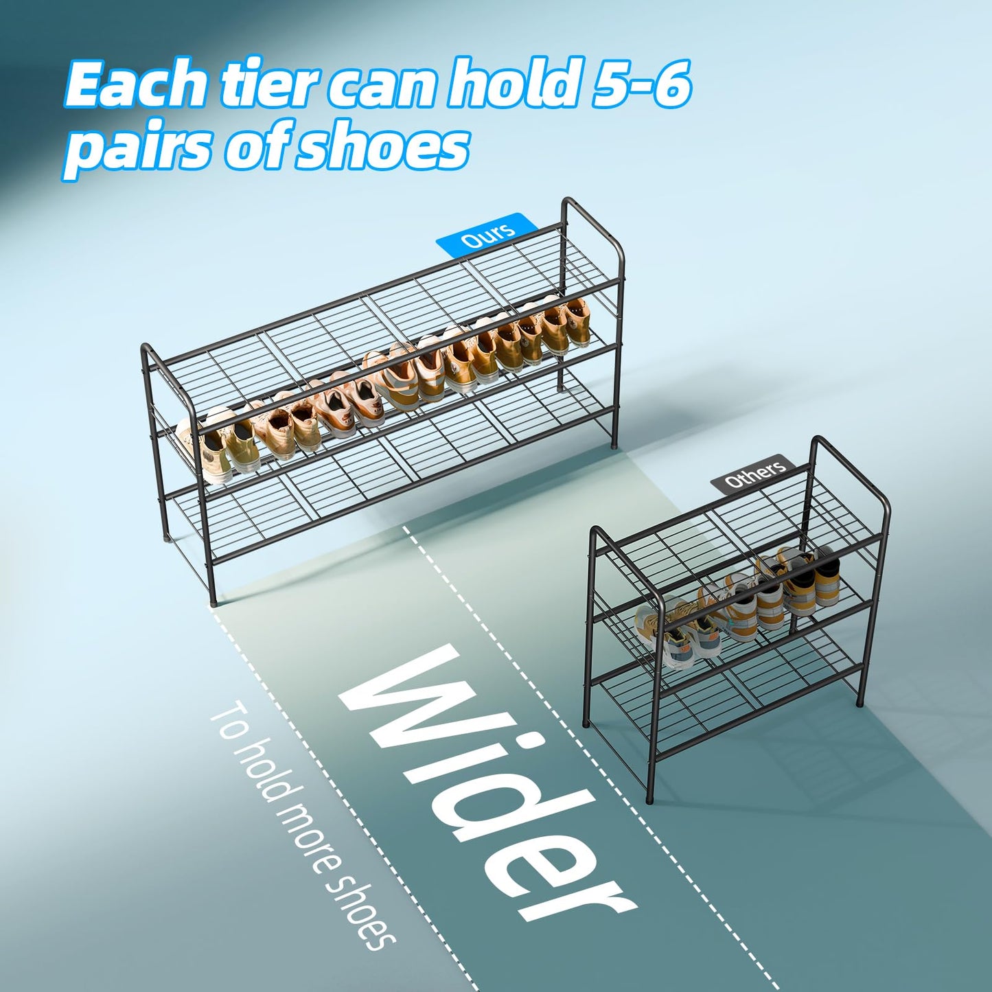 MWQ 3 Tier Shoe Rack for Closet, 44 Inch Extra Long Shoe Storage Organizer for Shelves, Heavy Duty Metal, Easy Assembly, Black