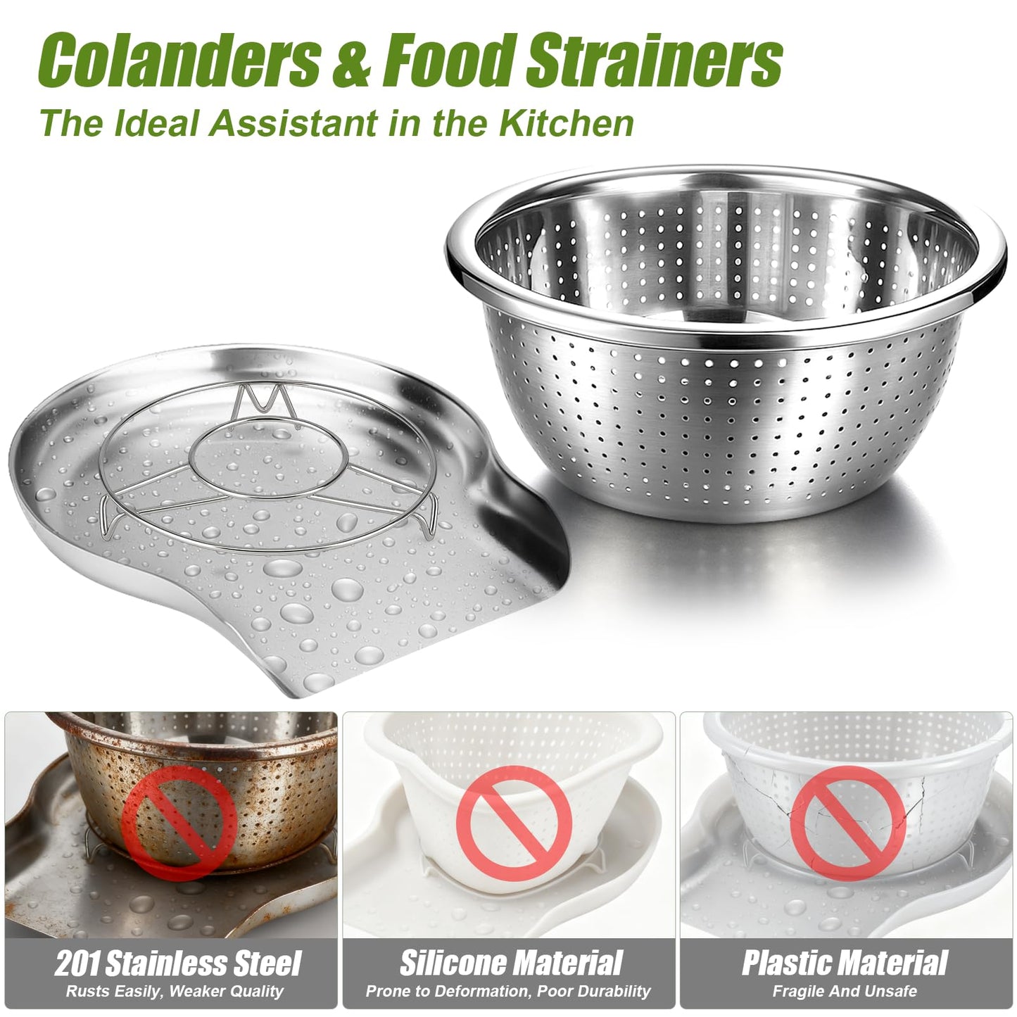 Palksky Stainless Steel Colander Set with Self-Draining Base, 3 Sizes Colanders & Food Strainers for Pasta, Rice, Fruits & Veggies, Metal Colander with Draining Plate for Sink or Countertop