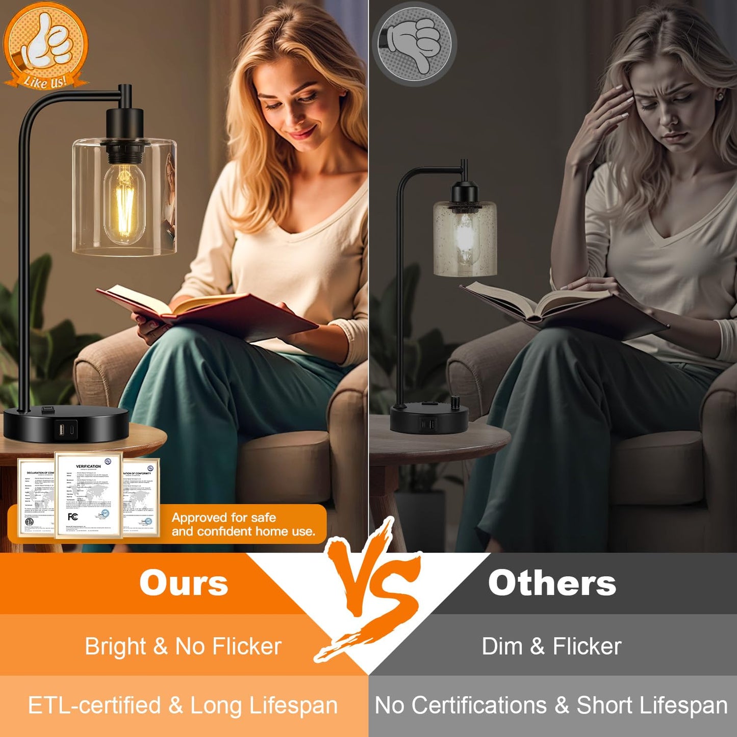Set of 2 Industrial Touch Control Table Lamps with USB C+A Ports and AC Outlet - 3-Way Dimmable Black Bedside Lamps Nightstand Desk Lamps for Bedroom Living Room, Glass Shade & 2 LED Bulbs Included