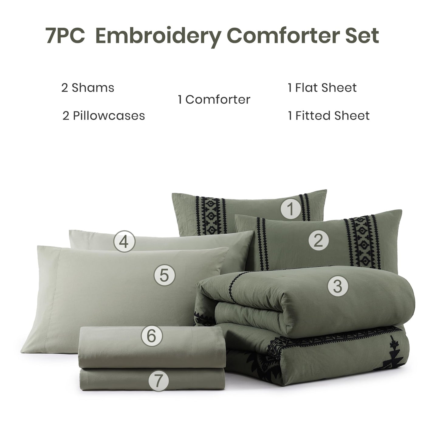 MAIREVE Olive Green Embroidery Comforters Set Queen Size - 7 Pieces, Farmhouse Western Bedding All Season Bed in A Bag Queen, Boho Comforter Set with Sheets, Pillowcases & Shams