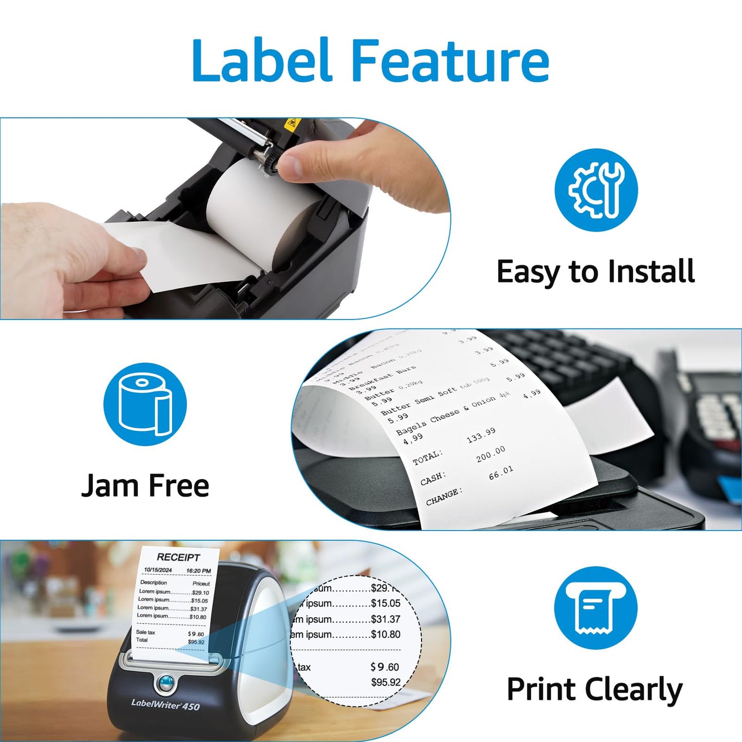 GREENCYCLE 5 Roll Compatible for Dymo 30270 2-1/4" x 250' Cash Register POS Receipt Paper Rolls LW Continuous White Labels Used for Zebra LabelWriter 450, 450 Turbo, 4XL, NOT FIT 550 & 5XL
