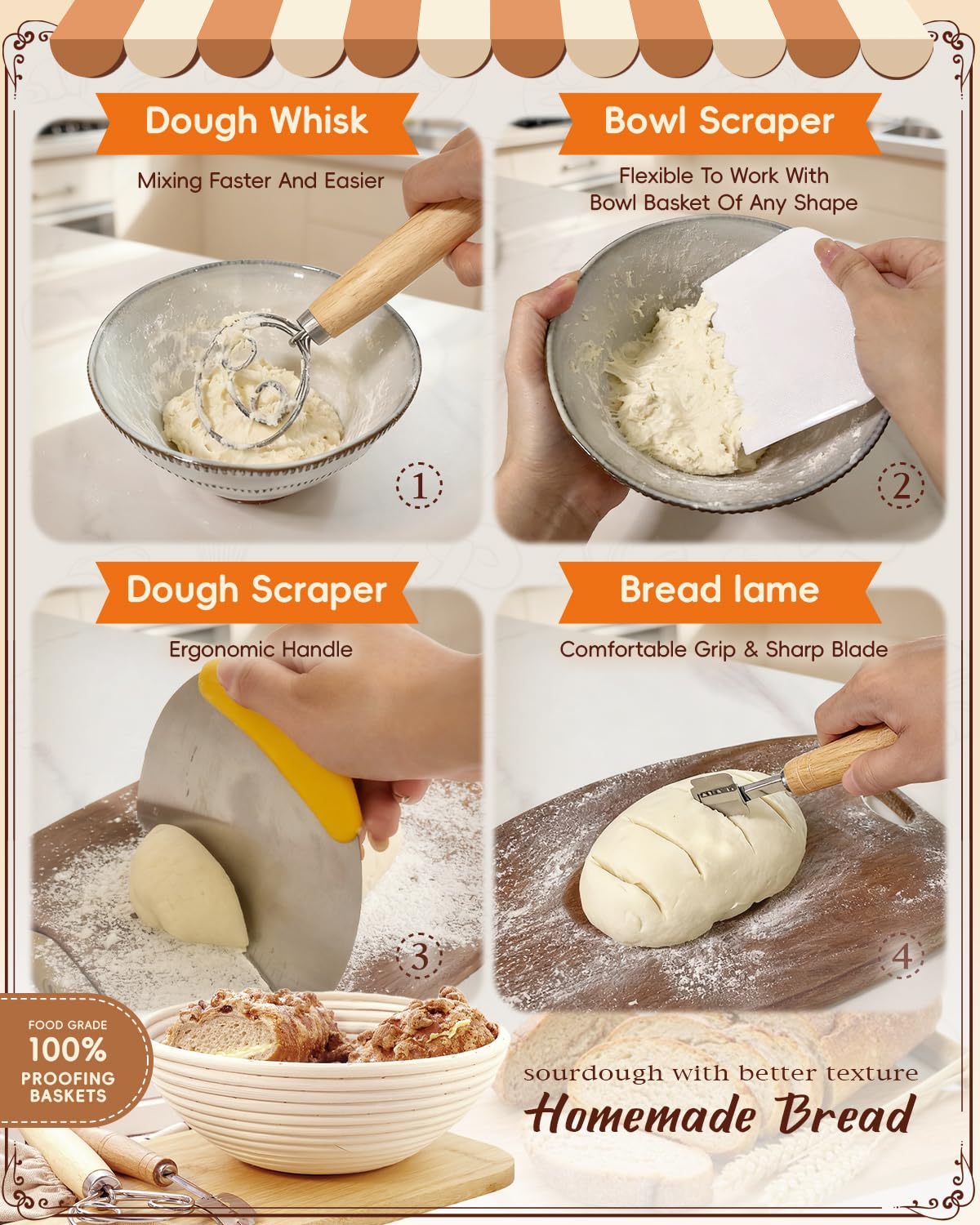 RYMTOX Complete Sourdough Starter Kit with Manual | Easy to Clean for Beginners | Sourdough Bread Baking Supplies with Round Bread Proofing Basket, Bread Sling, Starter Jar, Dough Whisk, Scrapers, Bag