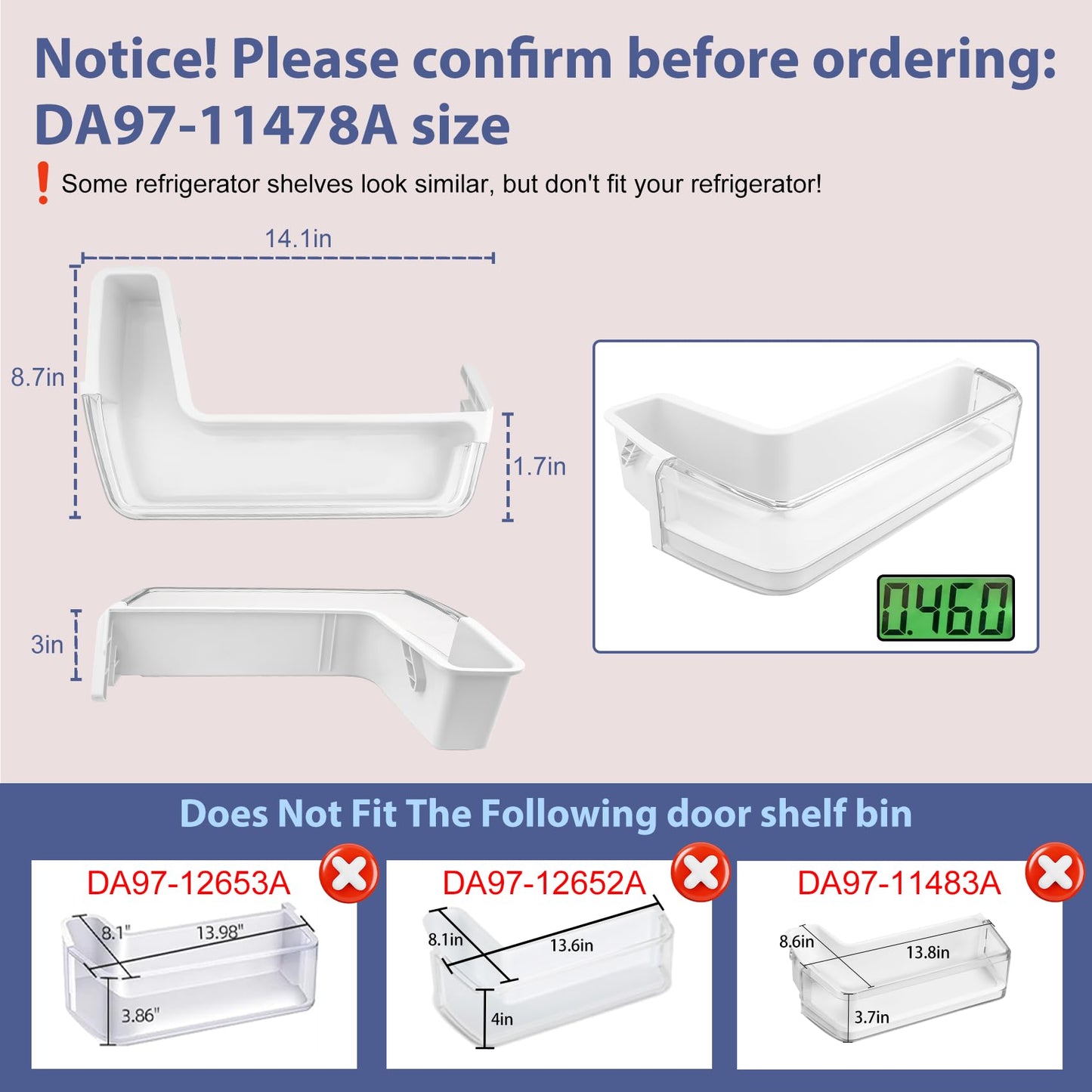 DA97-11478A Refrigerator Door Bin Compatible with Samsung Refrigerator Left Middle Door Shelf Bin RFG298HDRS, RFG296HDBP, RFG296HDPN, RFG296HDRS etc, Replace DA63-06471A, AP5332064 Door Shelf Bin