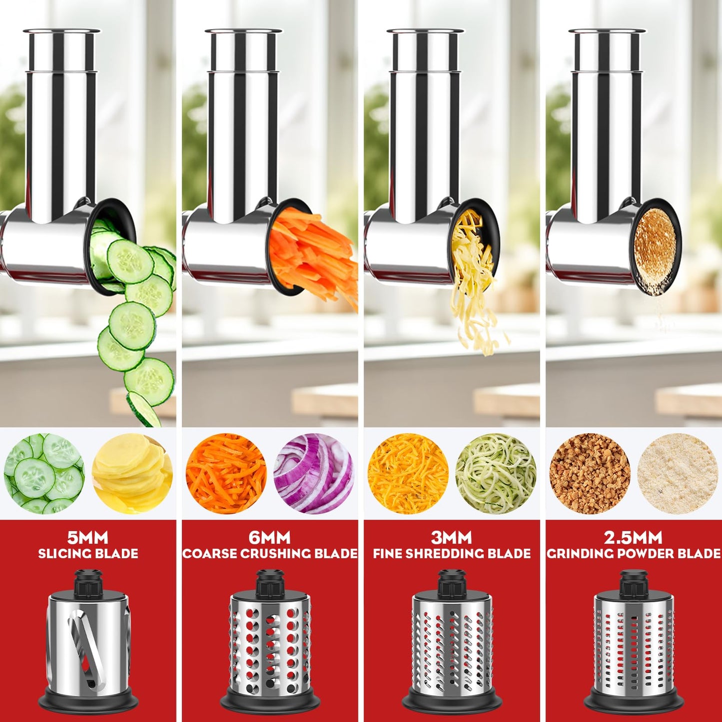 Stainless Steel Slicer Shredder Attachment for Kitchenaid Stand Mixer, Cheese Grater, Salad Maker Accessories for Kitchenaid Mixer, Grinding Powder with 4 Blades by FOCOLLK