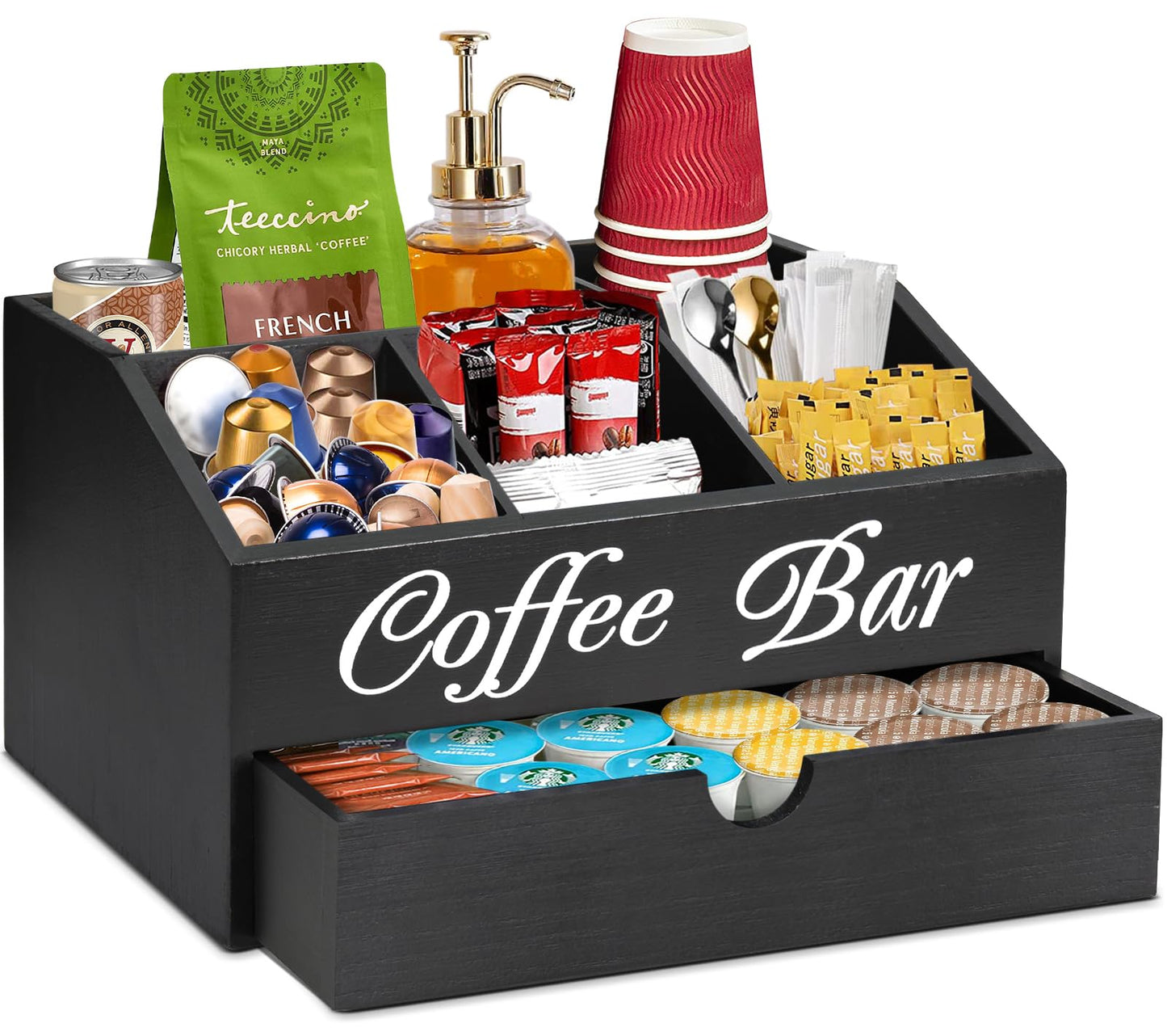 Coffee Bar Organizer Countertop, Wooden Bar Accessories With Drawer, Coffee Station Organizer Pods Holder Storage Basket, Farmhouse Tea Condiment Station