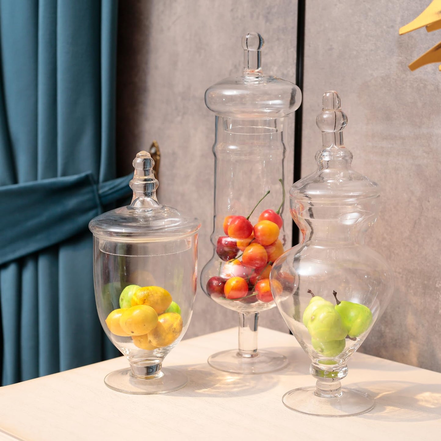 Diamond Star Set of 3 Apothecary Jar Glass Decorative Candy Jars Elegant Storage Candy Buffet Display, Wedding Candy Organizer Canisters (H: 9", 12.5", 14"; 20 FL.OZ, 23 FL.OZ and 28 FL.OZ)