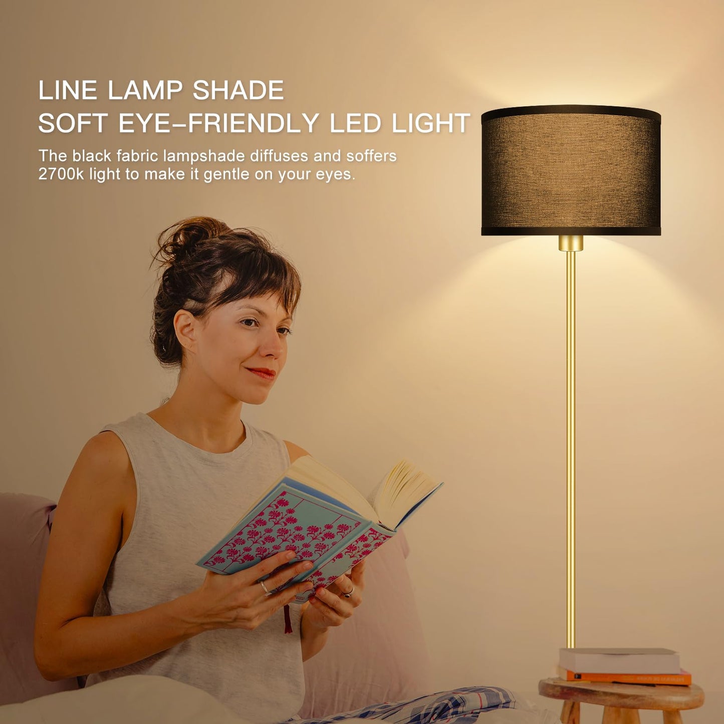 Gold Floor Lamps for Living Room, Modern Bright Standing Lamp, Black Lamp Shades, Foot Switch, Simple Pole Lamps Corner Lamp for Bedroom,Office, Living Room, Den, Black Living Room Lamp(No Bulb)