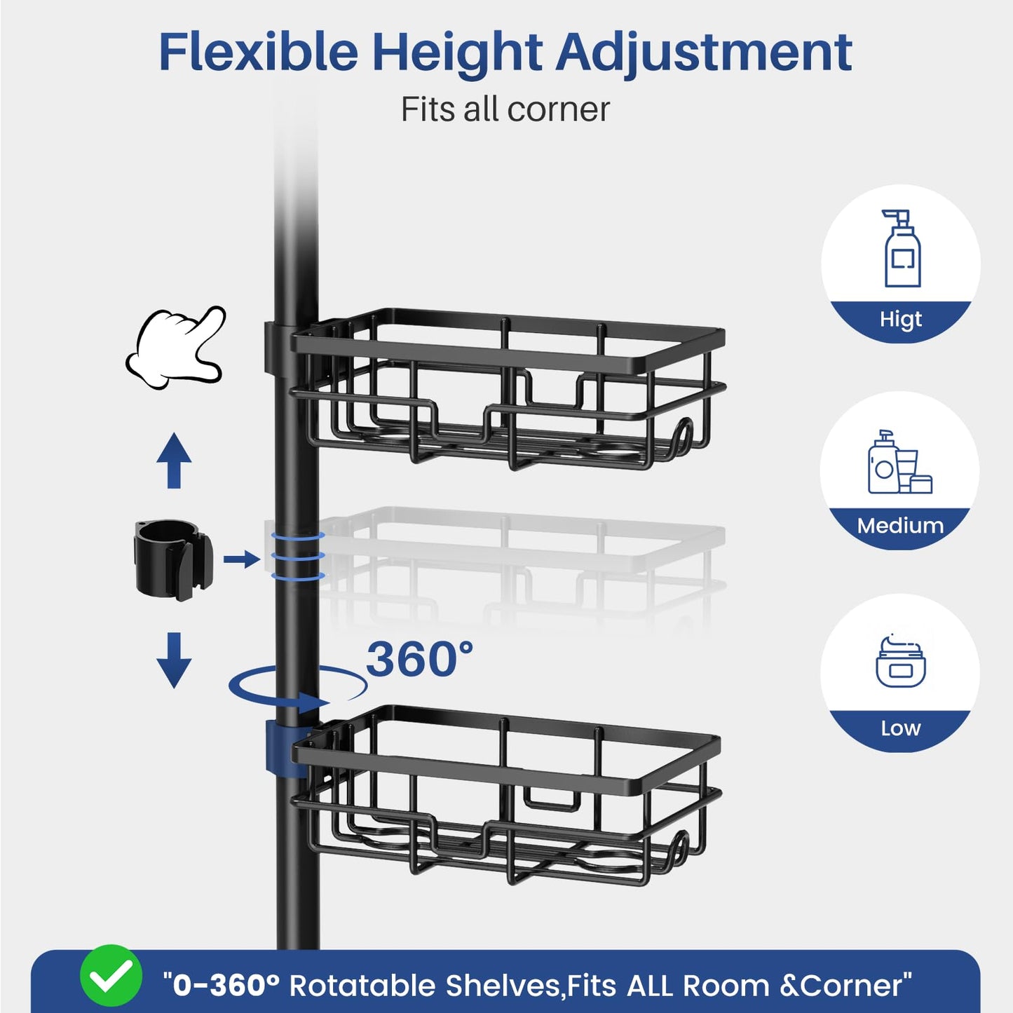Corner Shower Caddy Organizer Tension Pole, Adjustable 6 Shower Shelves Corner Shelf 30-120Inch Rustproof Shower Rack for Inside Shower, Extra Towel Bar Soap Dish Bathroom Organizers and Storage Black