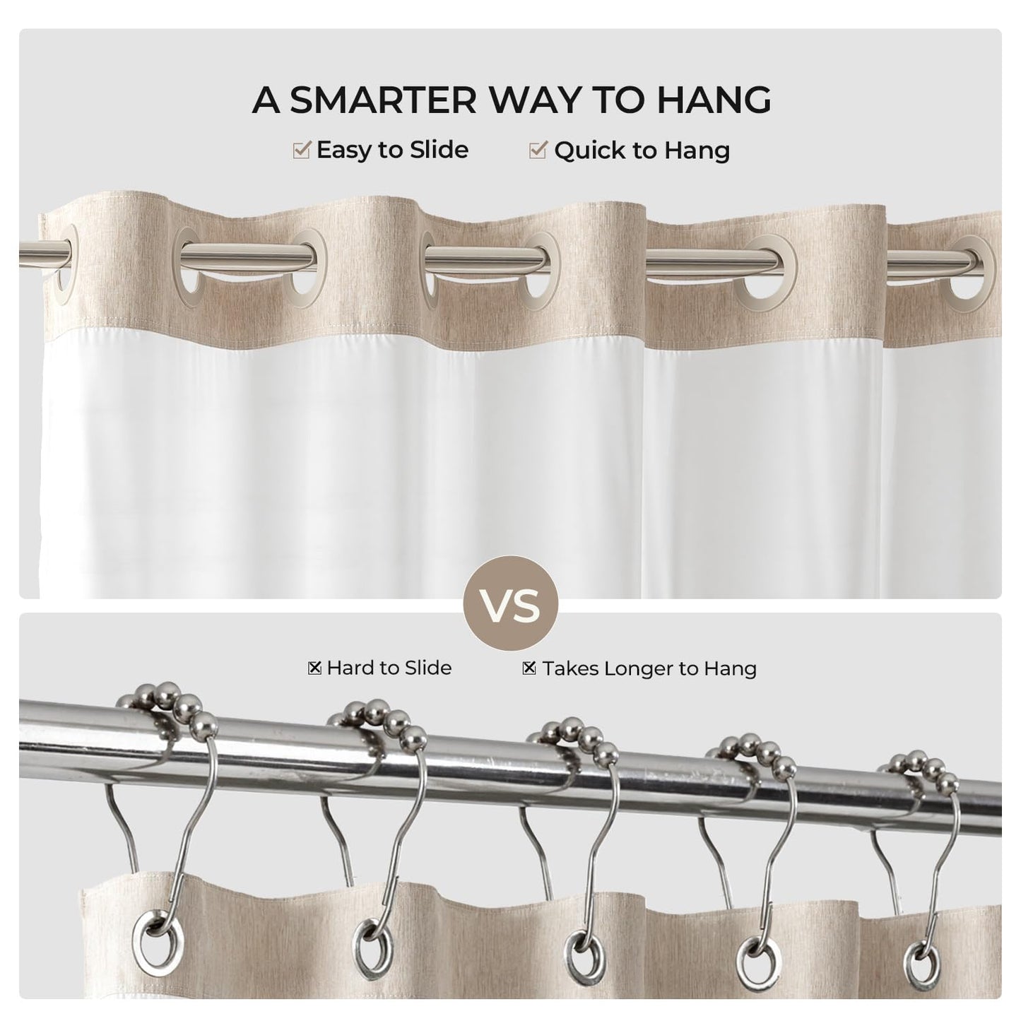 River Dream Linen Textured No Hook Shower Curtain with Snap-in Liner, Farmhouse Quick Dry Fabric Shower Curtain for Bathroom,Rustic Bathroom Set,See-Through Top Window,Water-Repellent,Linen,71Wx74L