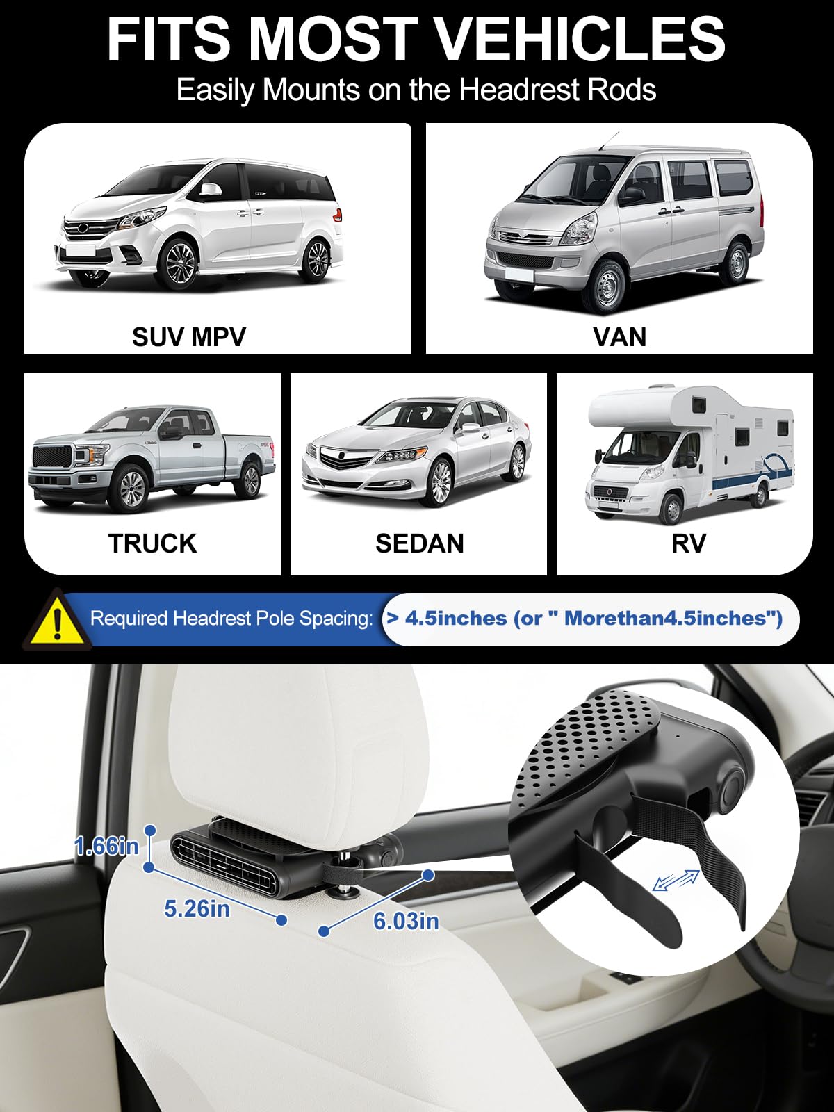 SEAINGO Car Fan for Front and Back Seat, USB Powered (No Battery, Not Rechargeable), Headrest Mount Cooling Fan with Front/Rear Airflow Switch and 3 Speeds, Fits Headrest Posts Spaced 4.6–6.2 in