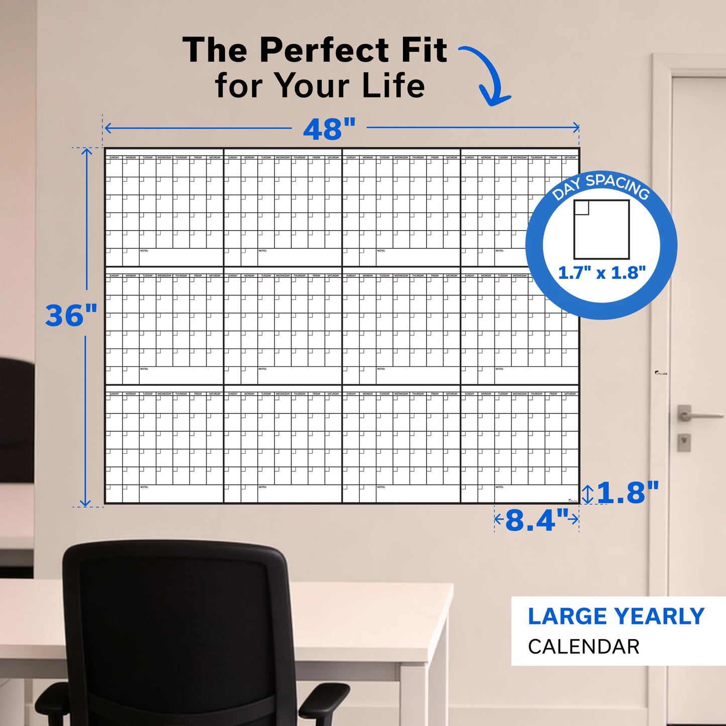 Yearly Large Dry Erase Calendar for Wall 36x48, 12 Office Annual, Erasable Month, Rolled Whiteboard White Board, Year Calendar Planner Giant Family for Dry Undated Classroom Erase Wall Reusable