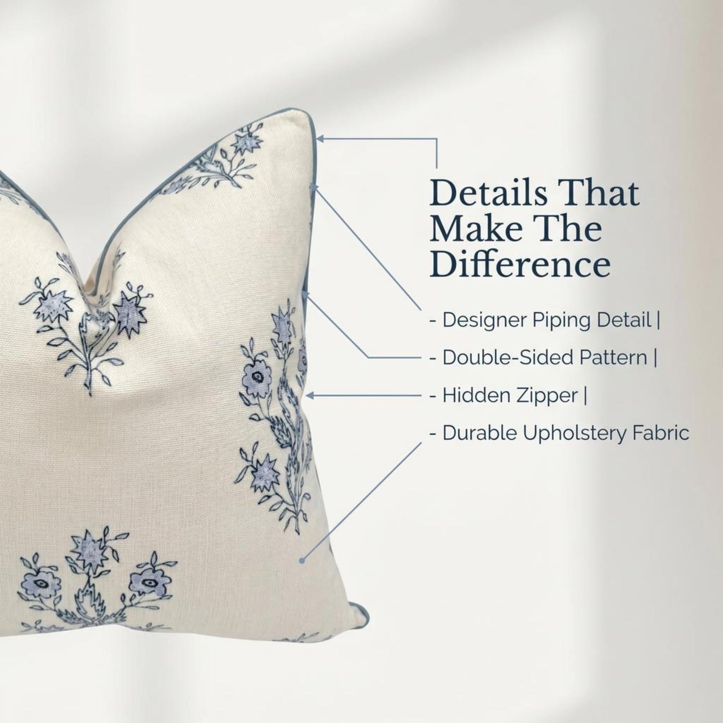 Jillien Harbor “The Mary” Blue and White Decorative Throw Pillow Cover – Floral Block Print Pillow Cover – Grandmillennial Home Decor, 19" x 19"