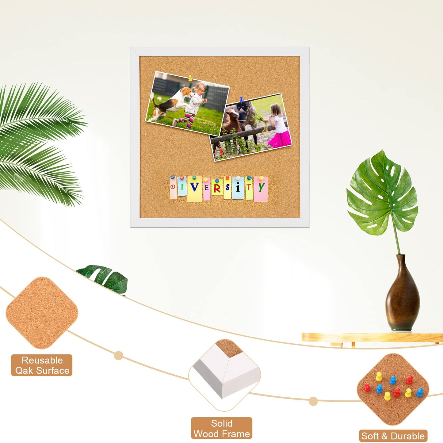 Treela 8 Pack White Cork Board with Frame for Wall 12x12, Decorative Linen Corkboard Bulletin Board with Push Pins & Clips for Office Home School Supplies (Square)