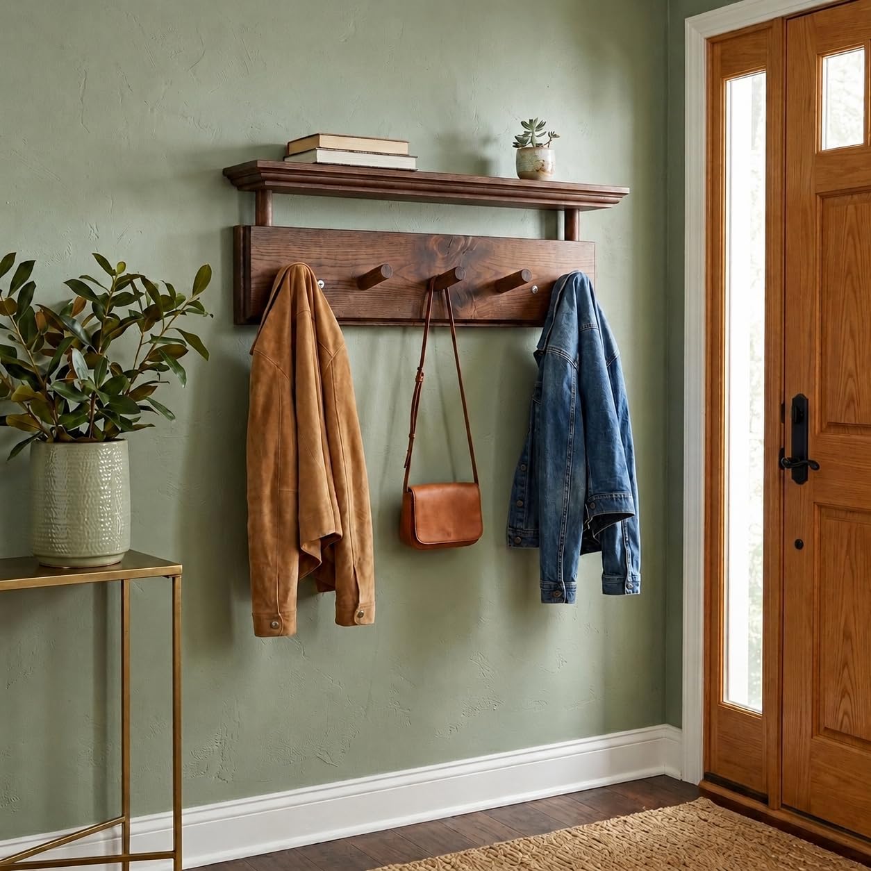 Matías Coat Rack Wall Mount with Shelf, 18 Inch Solid Wood Peg Rail, Wall Mounted Coat Rack with 5 Hooks, Wall Mount Shelf for Entryway, Bathroom or Bedroom (Walnut)