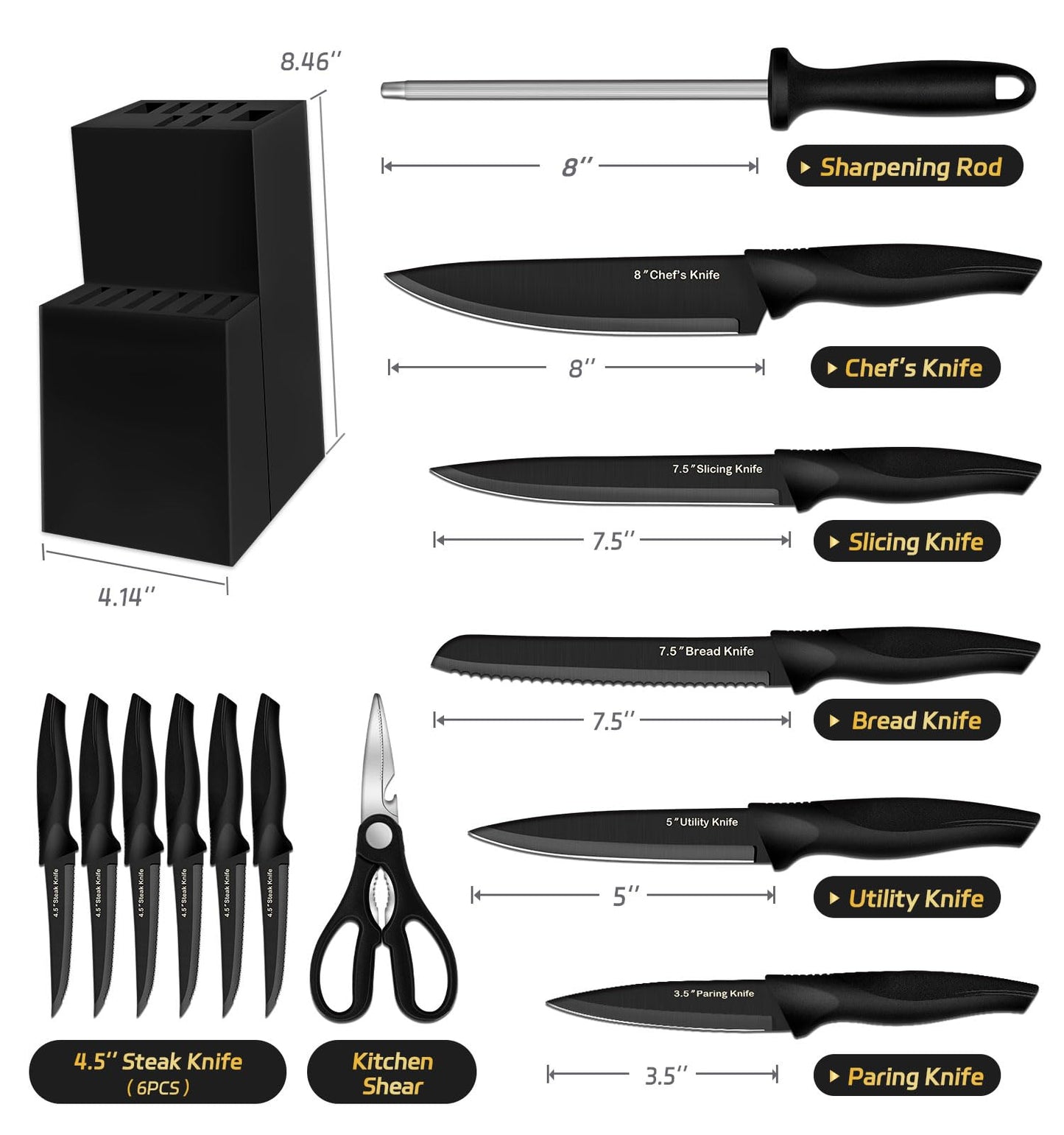 XANAPON Knife Set, 14 Pieces Kitchen Knife Set, High Carbon German Stainless Steel, Dishwasher Safe Cutlery with Sharpener, Black