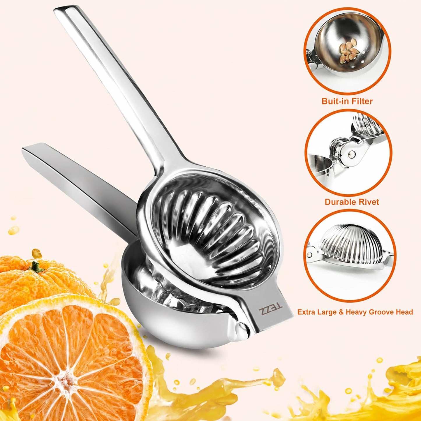 TEZZ Upgrated Extra Large Lemon Squeezer, Heavy Duty Handhelp Orange Juicer with 3.47'' extra big Filter Bowl, Stainless Steel Hand Press Citrus Juicer, Lime Squeezer Bar Tool, Manual Citrus Press
