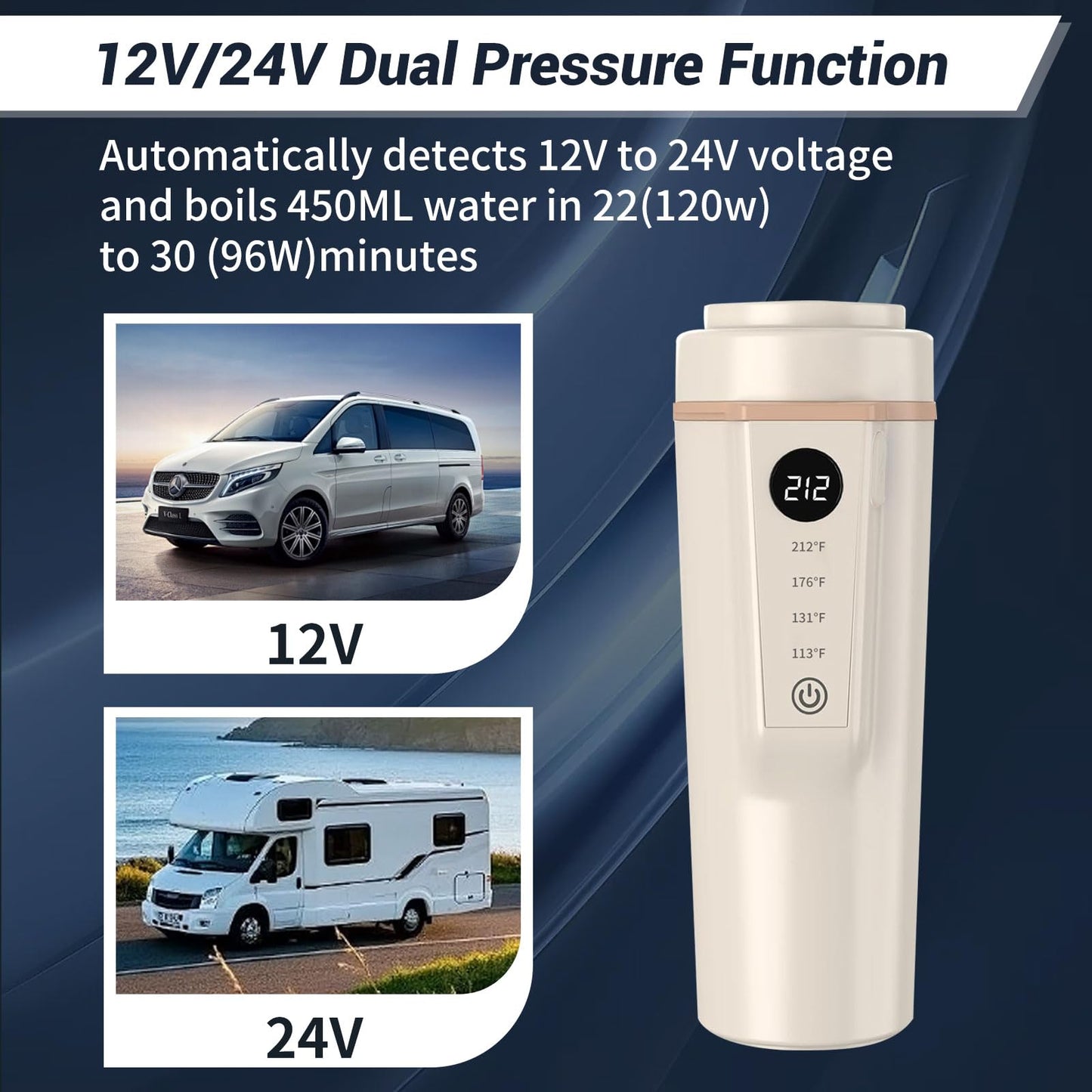 Car Electric Kettle 12V/24V Dual Voltage, Portable Travel Electric Kettle for Road Trips, Mini Small Water Boiler with 4 Temp Control, 316 Stainless Steel,16oz(Beige)