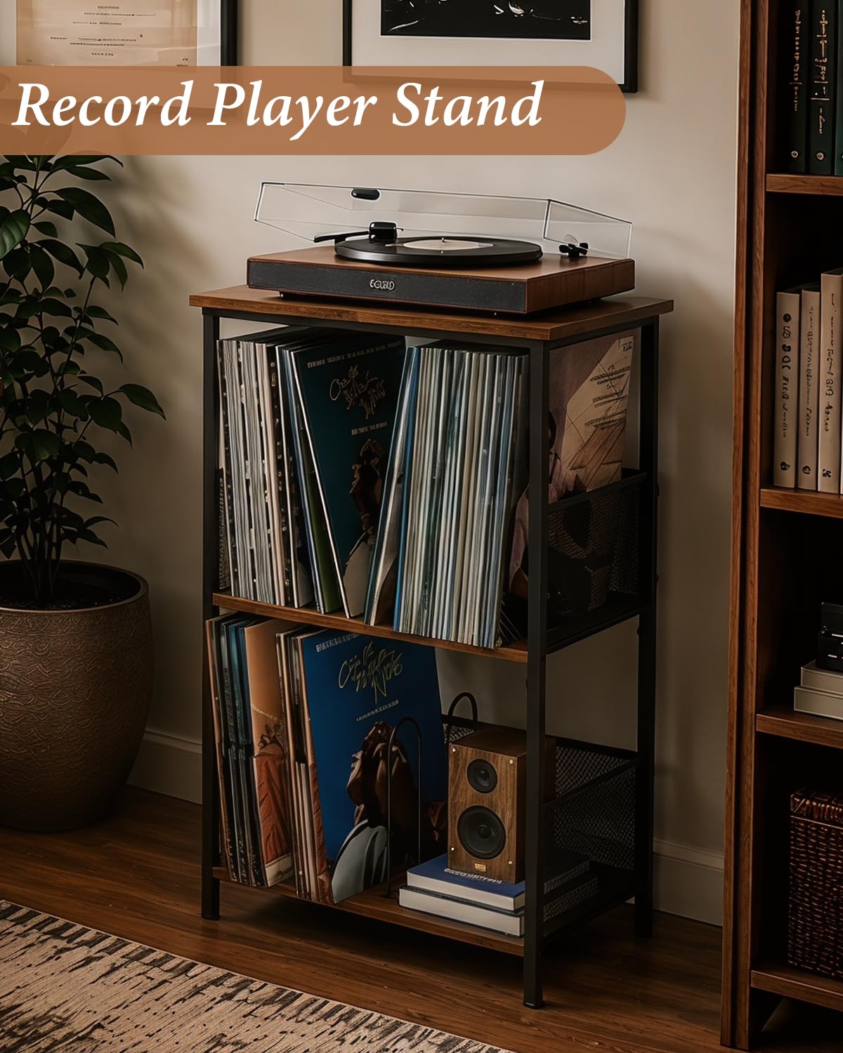 Honkazita Record Player Stand 3-Tier, Vinyl Record Storage up to 200 Albums, Record Player Table with Smooth Wood Top, Fits Most Phonographs, Turntable Stand & Bedside Nightstand, Space-Saving