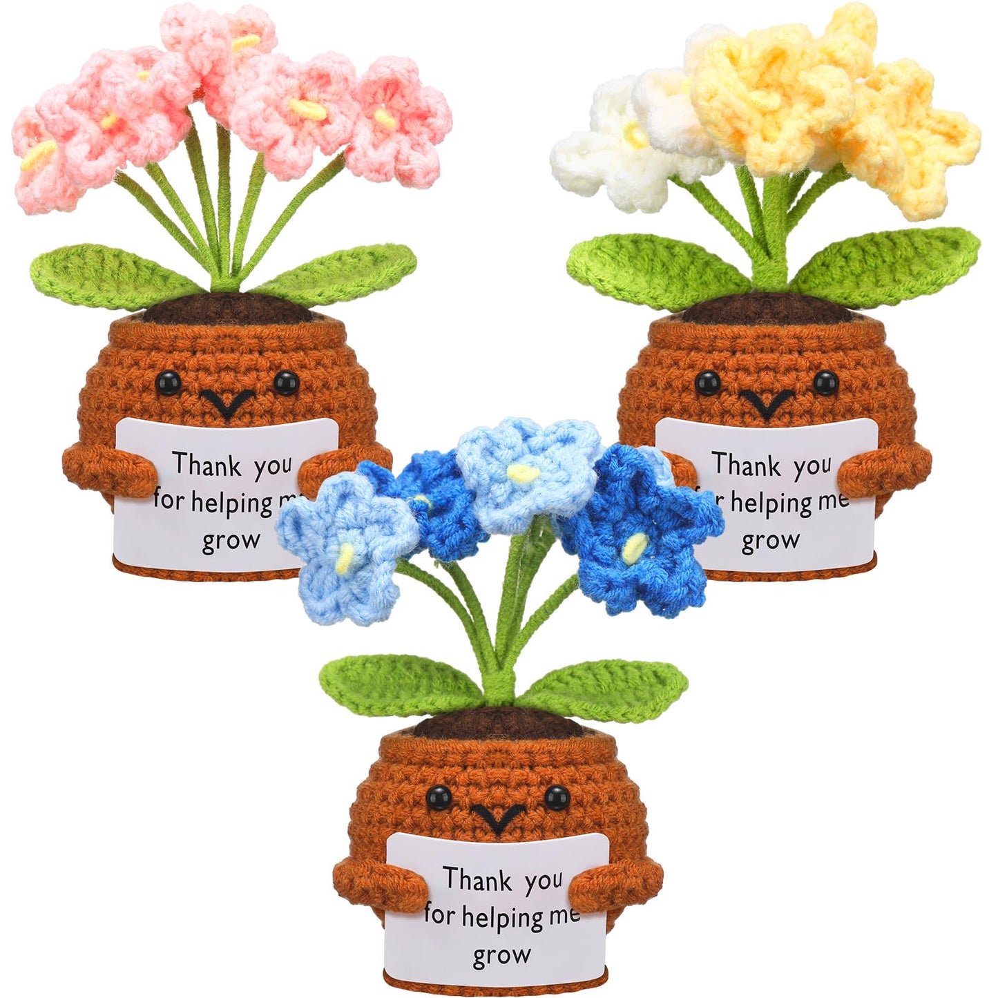 Wavwavw 3 Pack Teacher Appreciation Gift Positive Flower Handmade Crochet Doll Thank You for Helping Me Grow Gifts Back to School Gifts for Women Teacher(Forget Me Not)