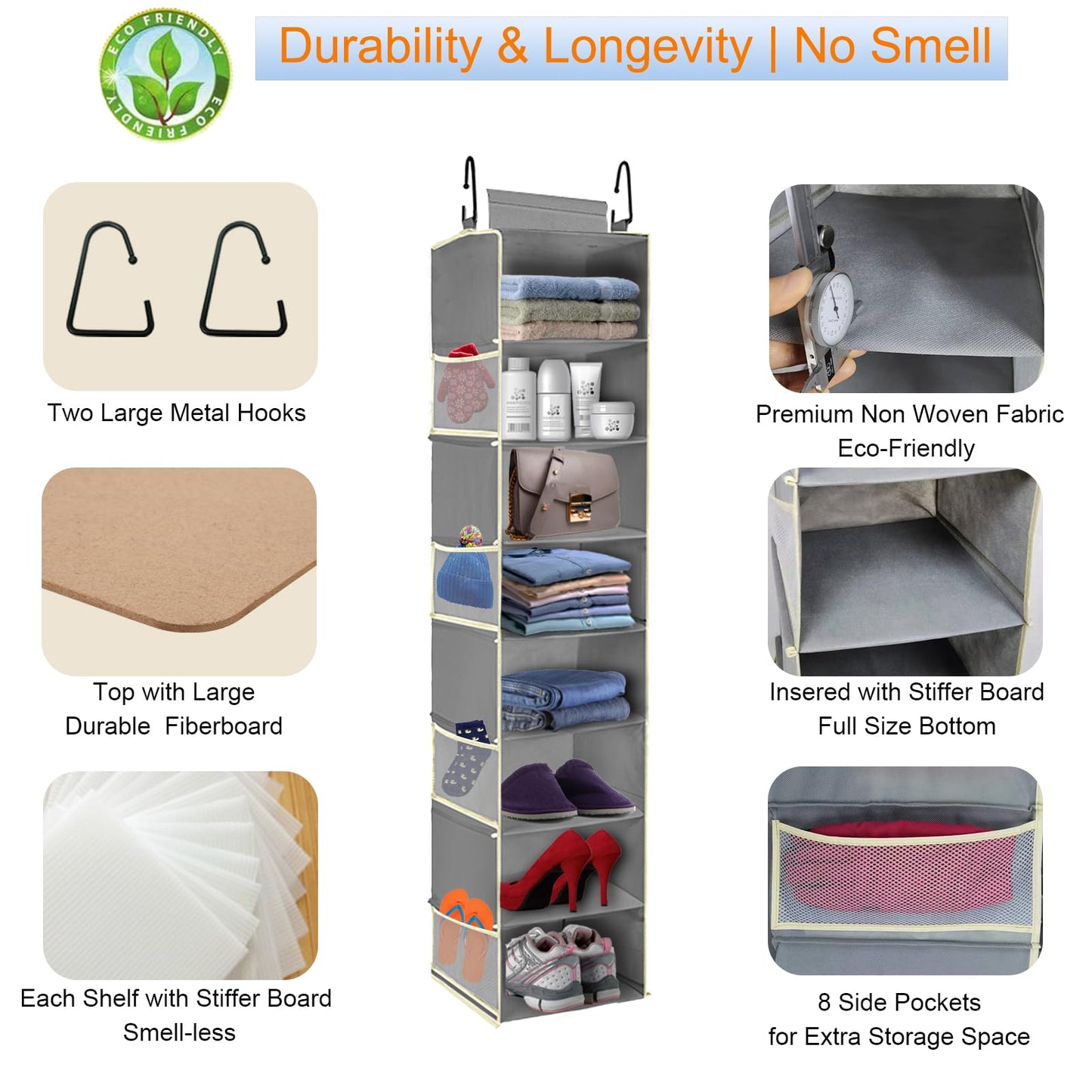 roomtalk Large-Sized Hanging Shoe Organizer 8-Shelf, Hanging Closet Organizer with 8 Side Pockets, Wider Hanging Shelves for Storage Shoes Clothes 9" W × 11.8" D× 48" H, Grey
