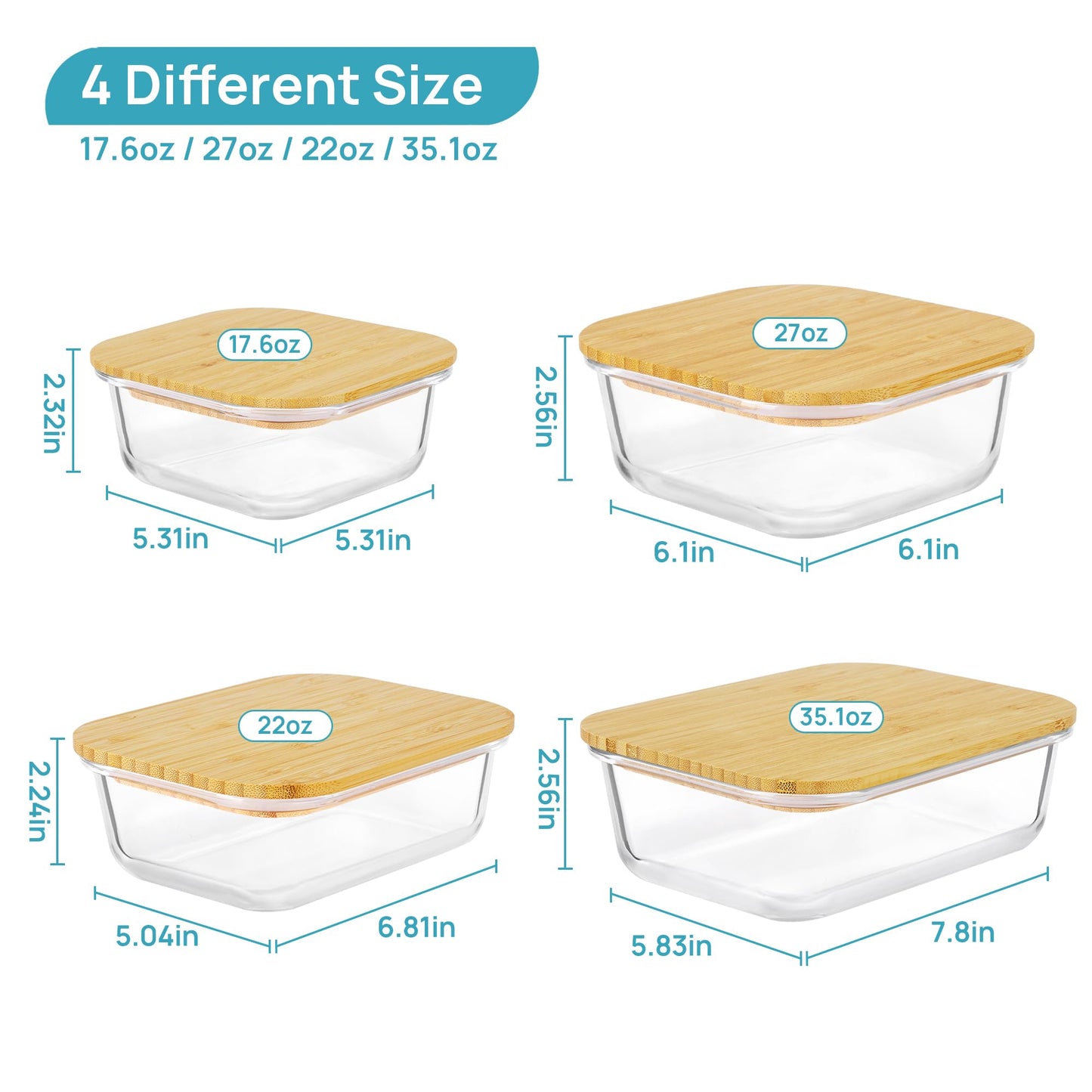 Vtopmart Glass Food Storage Containers with Bamboo Lids, 4 Pack Meal Prep Glass Containers Safe for Microwave, Oven, Freezer and Dishwasher, BPA Free