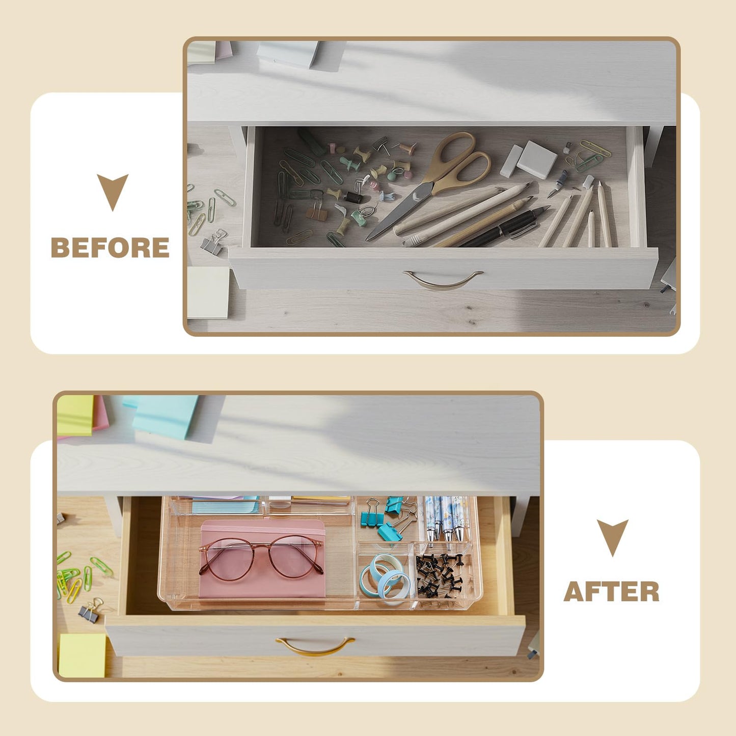 Briwooody 3 Pcs Clear Acrylic Desk Drawer Organizer 13.7 x 8.7 x 2 Inch Drawer Organizer Trays with 8 Compartments Desk Accessories for Office Makeup Silverware Bathroom