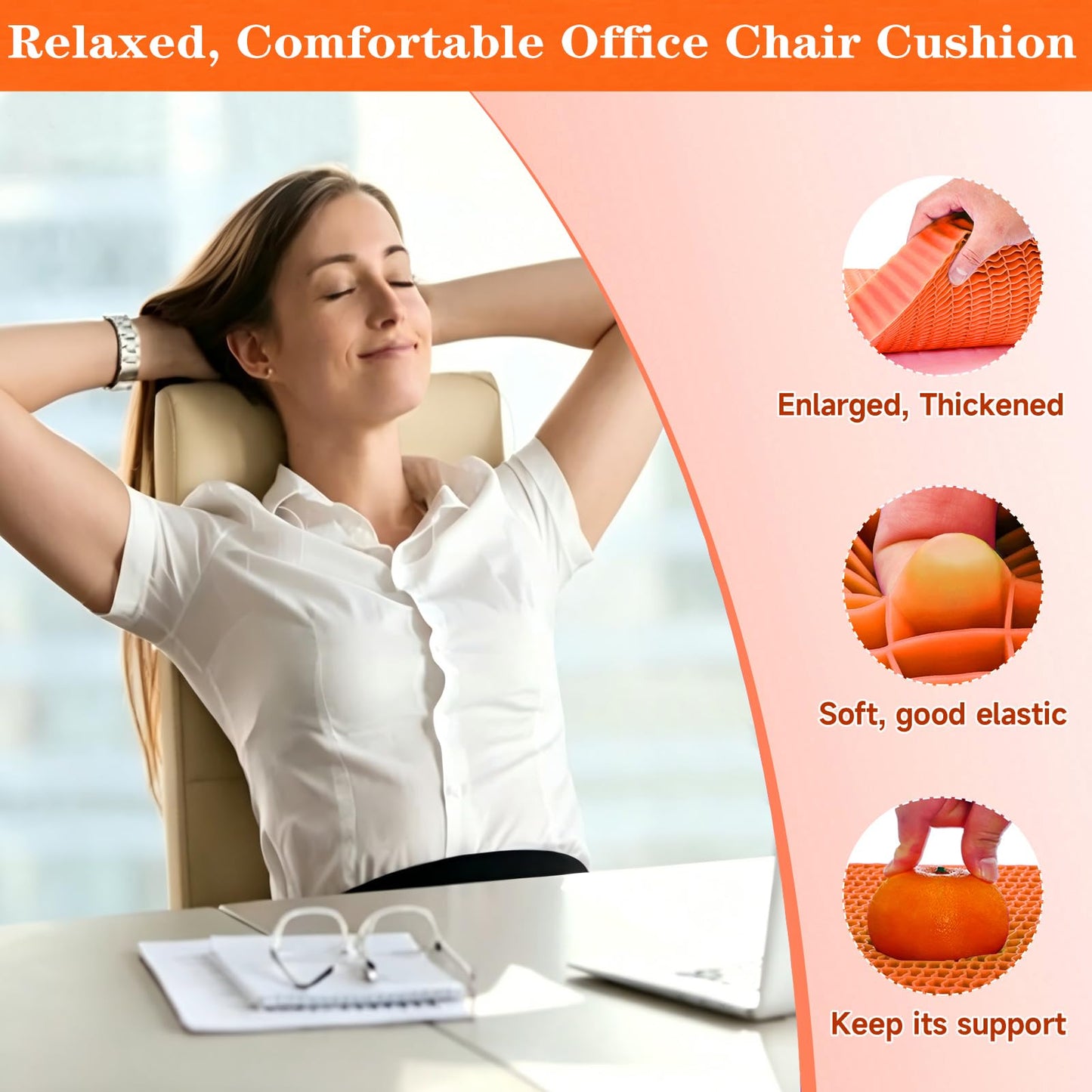 Innovative Gel Seat Cushion for Long Sitting, Breathable Grid Seat Cushion, Soft Cooling Support Chair Cushion for Office, Wheelchair, Car, Gel Cushion for Back, Sciatica,Tailbone Pain Relief.(orange)