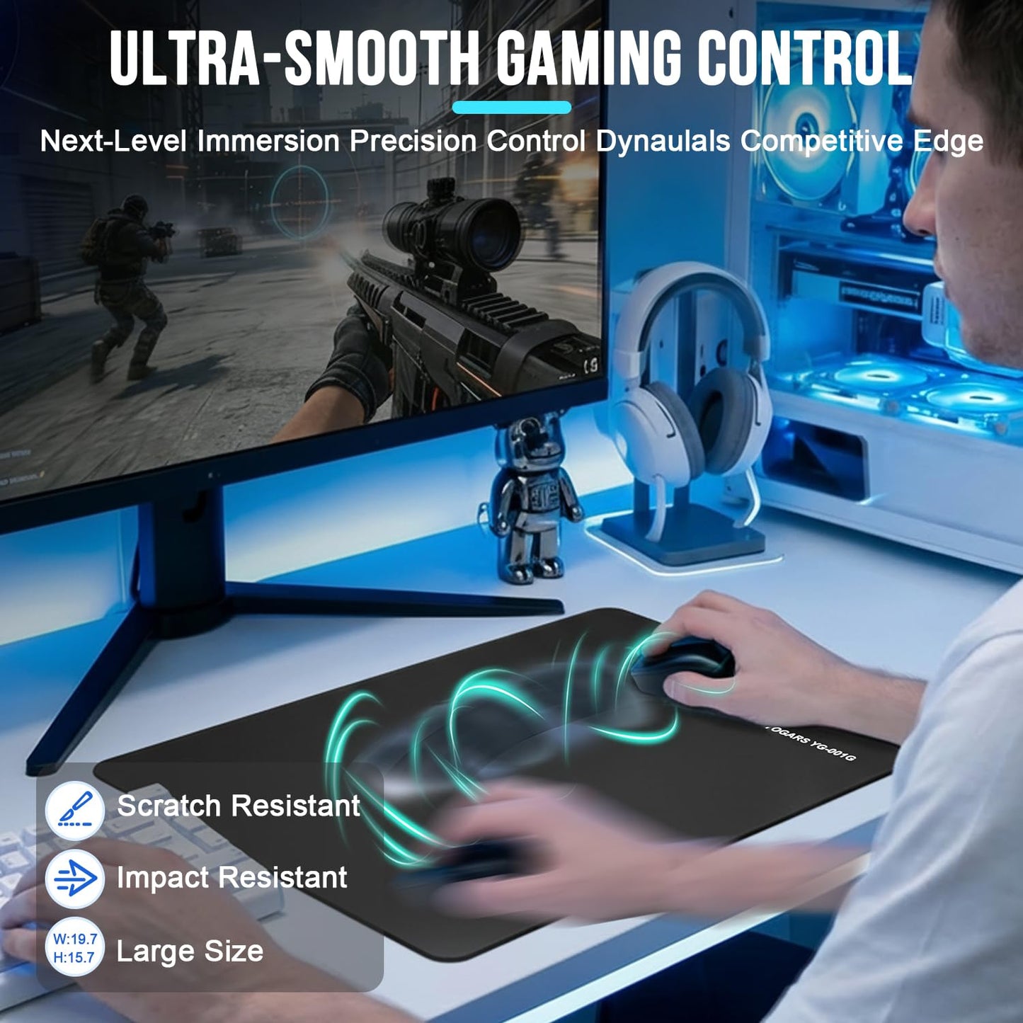 YOGARS Tempered Glass Gaming Mouse Pad, Ultra-Smooth Micro-Etched Surface Speed & Control, Large 19.7"x15.7" Anti-Slip Base, Easy Clean Scratch Resistant for Esports and Work (Black)