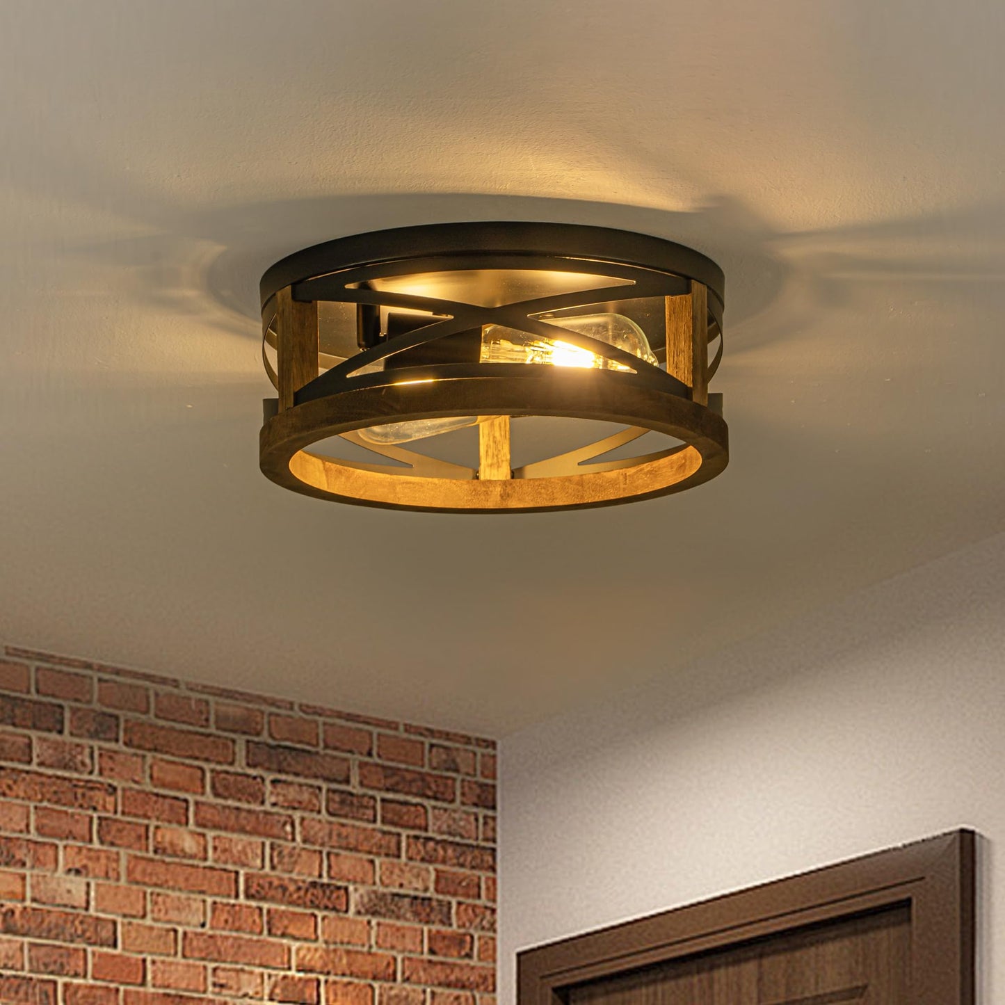 Lzglyptics Farmhouse Ceiling Light, 2-Light Round Flush Mount Ceiling Light with Wood and Metal Frame, Black Rustic Light Fixture for Hallway, Entryway, Bedroom, Kitchen