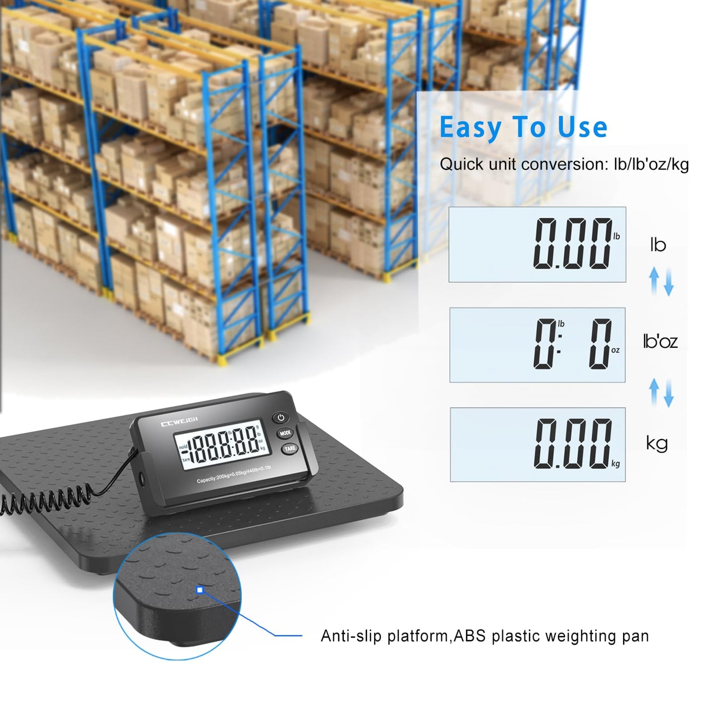 CCWEIGH Shipping Scales 440lbs x1oz Highly Accurate Postal Scales Ultrathin ABS Large Platform,Superlight Postal Scales for Shipping Packages,Small Business,Luggage Scale Battery and Adapter