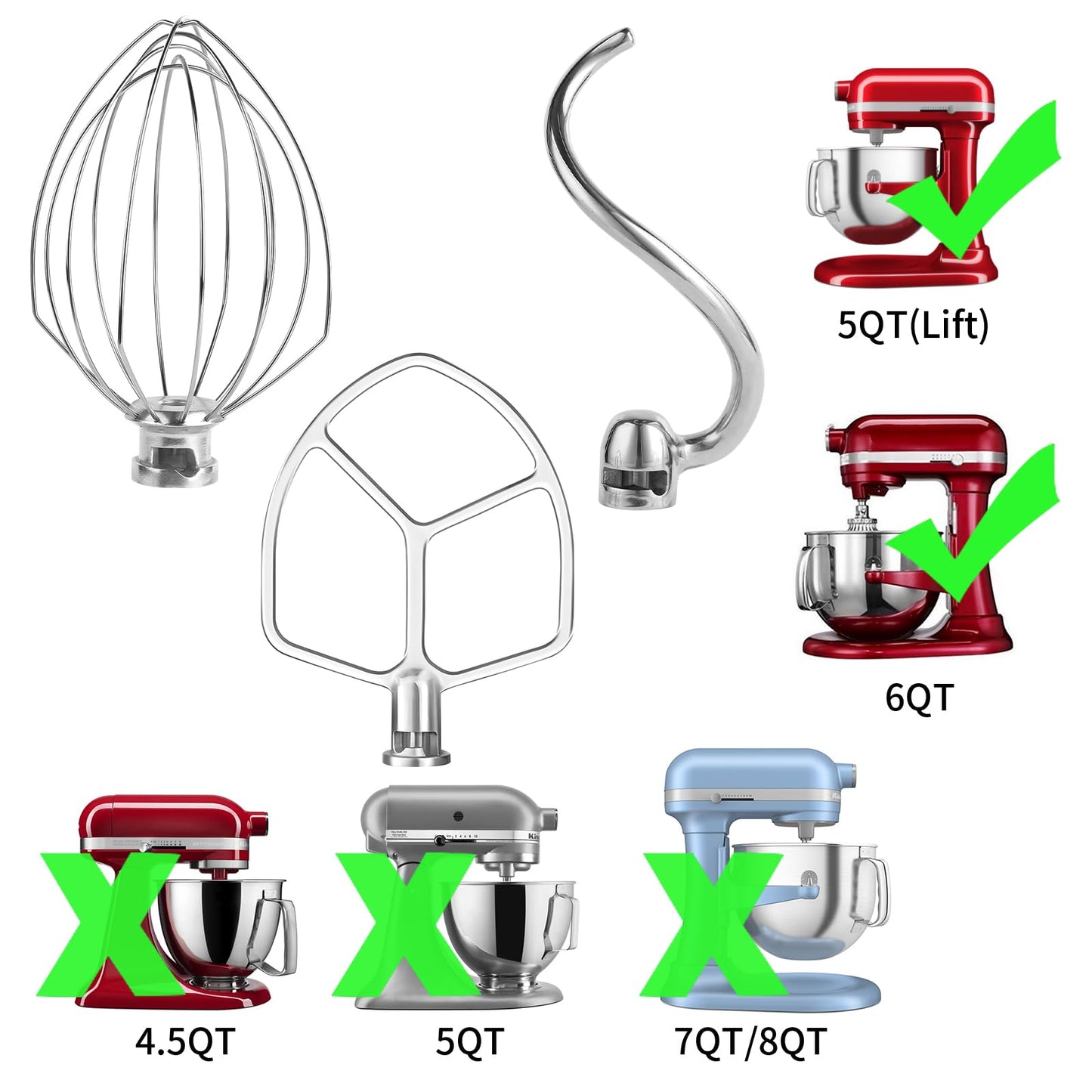 Stainless Steel 3 Piece kit Attachments，Dough Hook 6 Wire Whisk Flat Beater Compatible with KitchenAid 5 Plus -6QT Mixer，Bowl Lift Stand Mixer Accessory，Rust Resistant，Dishwasher Safe