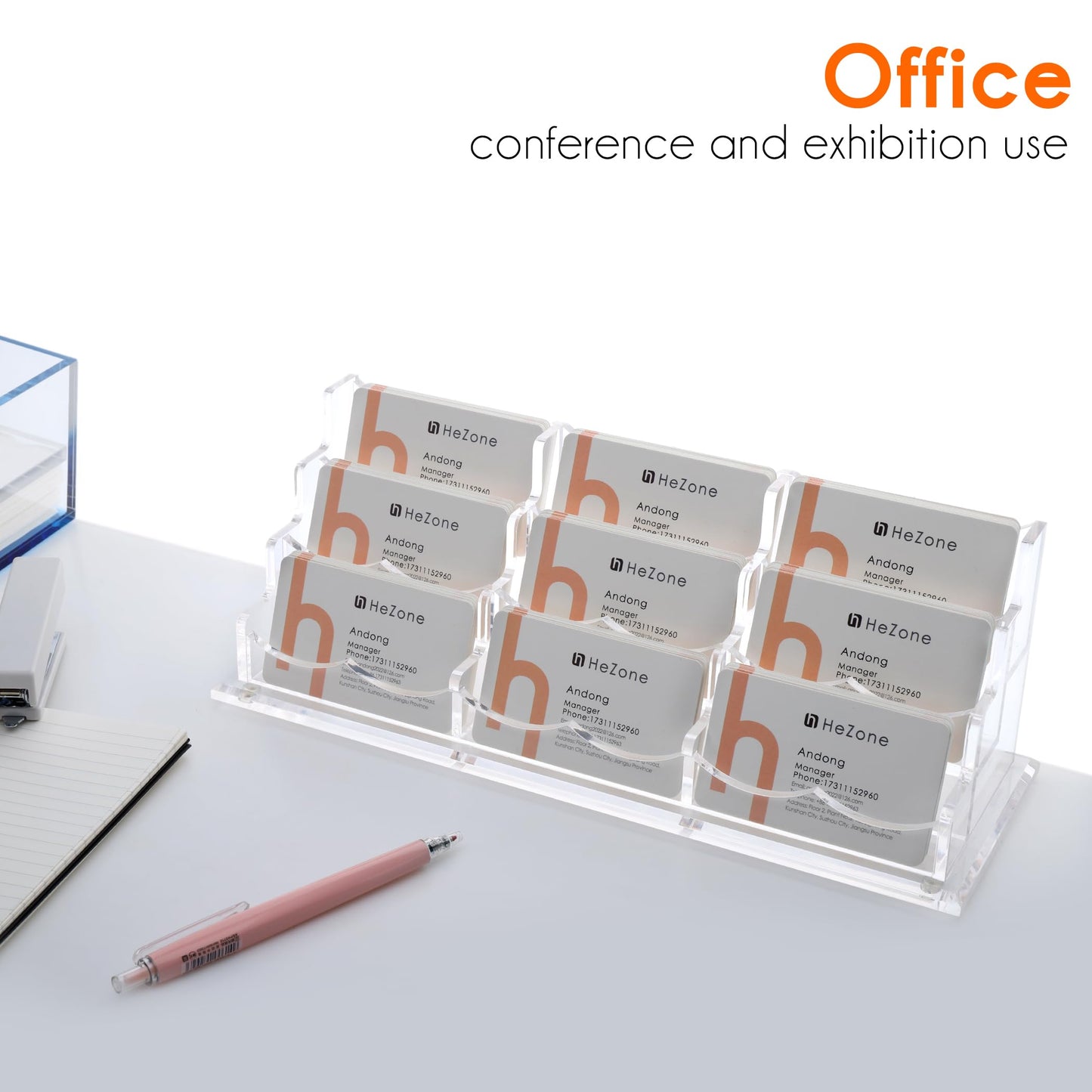 HeZone Business Card Holder for Desk, Multiple Cards Display Stand Rack for Women and Men, Clear Acrylic Card Organizer 9 Slot 3 Tiers