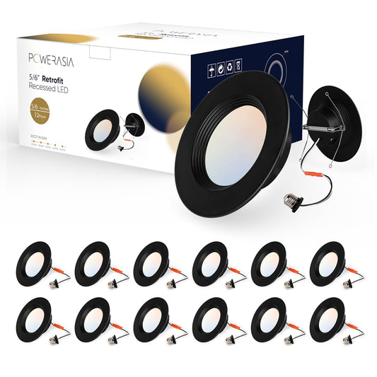 12 Pack 5/6 Inch Black LED Can Lights Retrofit Recessed Lighting, 5CCT 6 Inch Recessed Lights Selectable 2700K-6000K Dimmable, 12W=75W, 1200LM Downlight with Metal Smooth Trim-ETL and Energy Star
