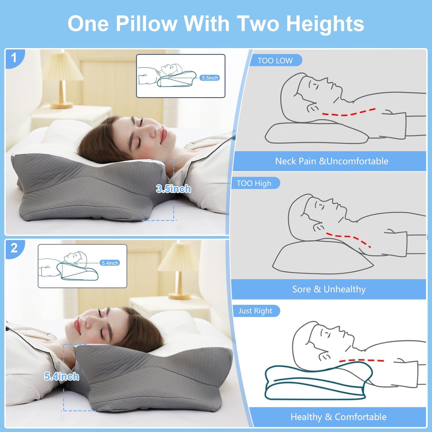 HBYGE Memory Foam Pillows, Ergonomic Pillow for Neck Pain Relief, Bed Pillow for Sleeping, Cervical Neck Pillow for Side, Back, Stomach Sleeper with Cool Pillowcase, Side Sleeper Pillows for Adults