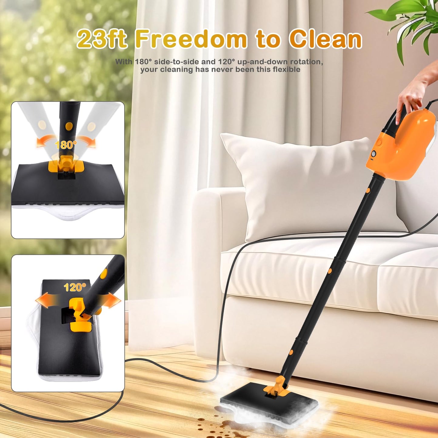 GHORA Steam Mop, All-in-one Handheld Steam Cleaner with 13 Attachments, 23FT Cord, 11.83OZ Removable Tank, Adjustable Height Steam Mops for Floor Cleaning, Hardwood Floors, Carpets, Tiles, Windows