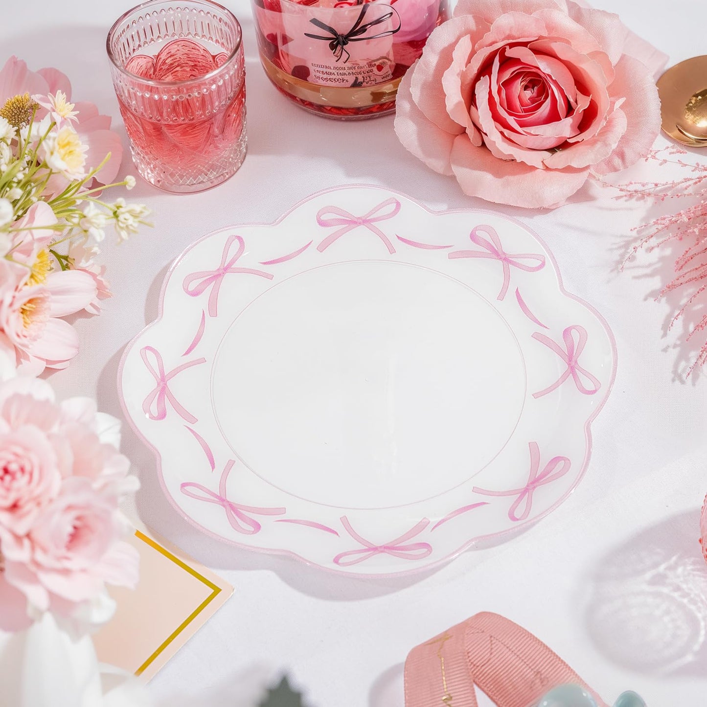 LIYH 60 Pcs Pink Bow Plastic Plates for Party - Pink Scalloped Scalloped Plates Disposable Heavyduty for Decorative Tableware for Holiday Party Decor Supplies - 10.25" Dinner & 7.5" Dessert Plate