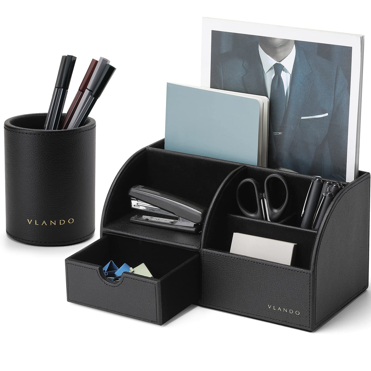 Vlando Office Desk Organizer Leather Desktop Organizer Caddy with Drawer for Storing Desktop Supplies and Accessories (Black Set)