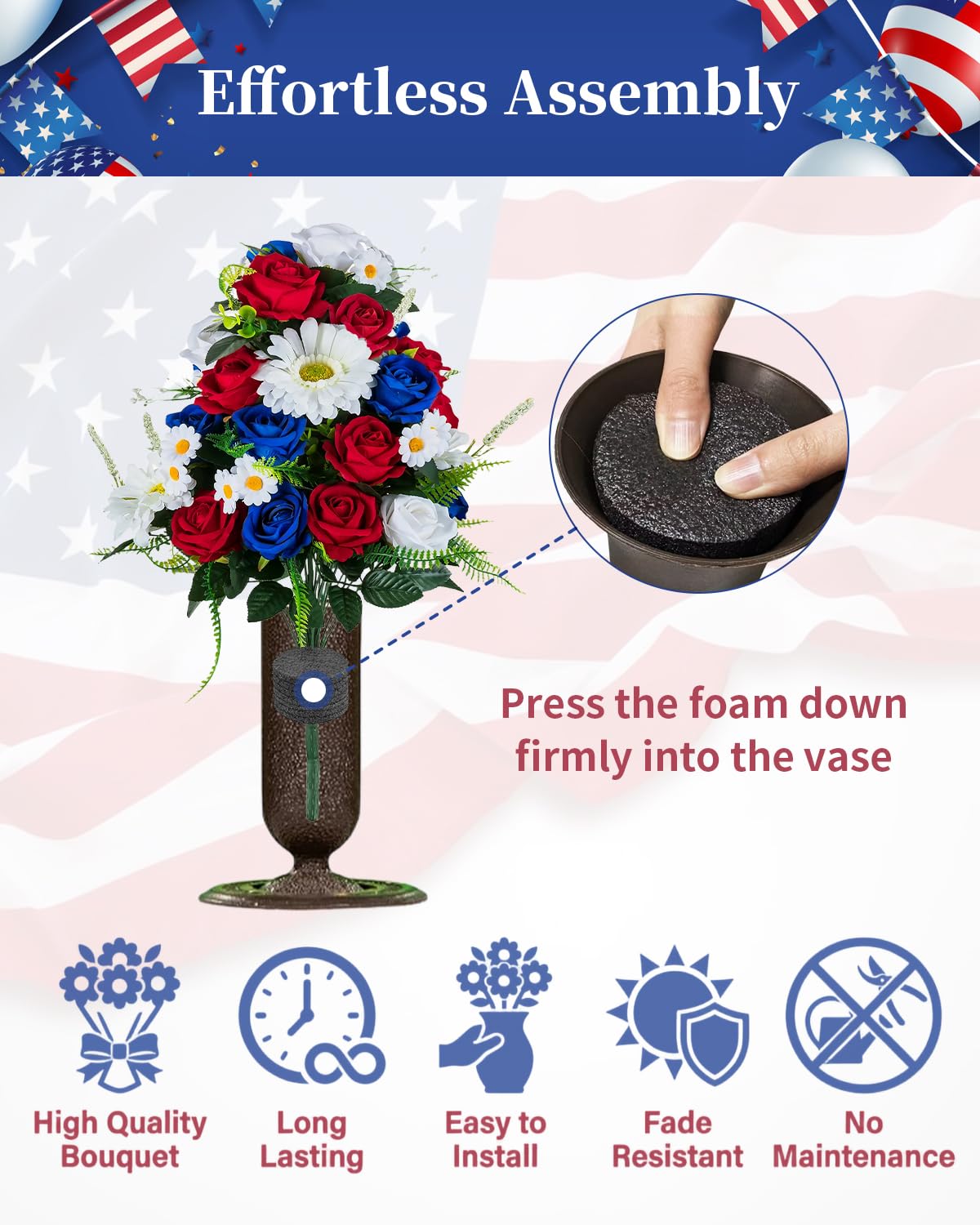 Memobloom Memorial Day Flowers for Cemetery: Large 36 Heads Velvet Red White Blue Roses Bouquet with Flags for Veterans - Outdoor Artificial Patriotic Grave Flowers America 250 Decorations