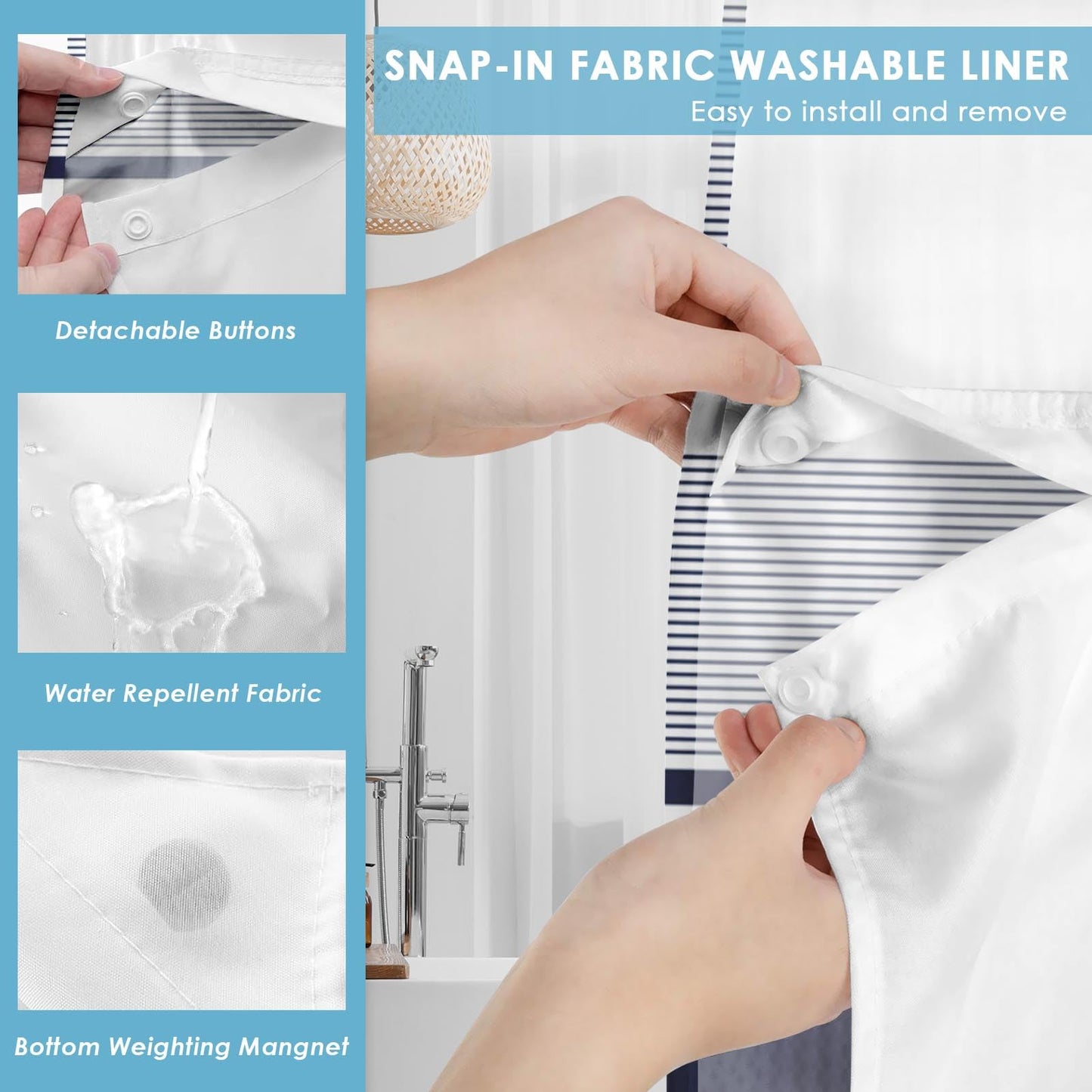 Nesphy No Hook Navy Blue Shower Curtain with Snap in Fabric Liner Set, Boho Striped Modern Double Layers Waterproof Fabric with See Through Top Window Open Grommet Bath Curtain 71x74 Inch