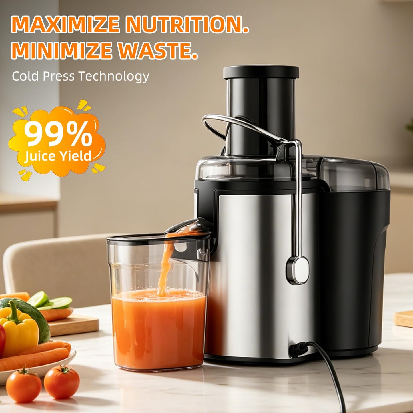 Panana Centrifugal Juicer Extractor with Wide Mouth 2.5” Feed Chute for Fruit Vegetable, Easy to Clean, Stainless Steel, BPA-free (Silver)