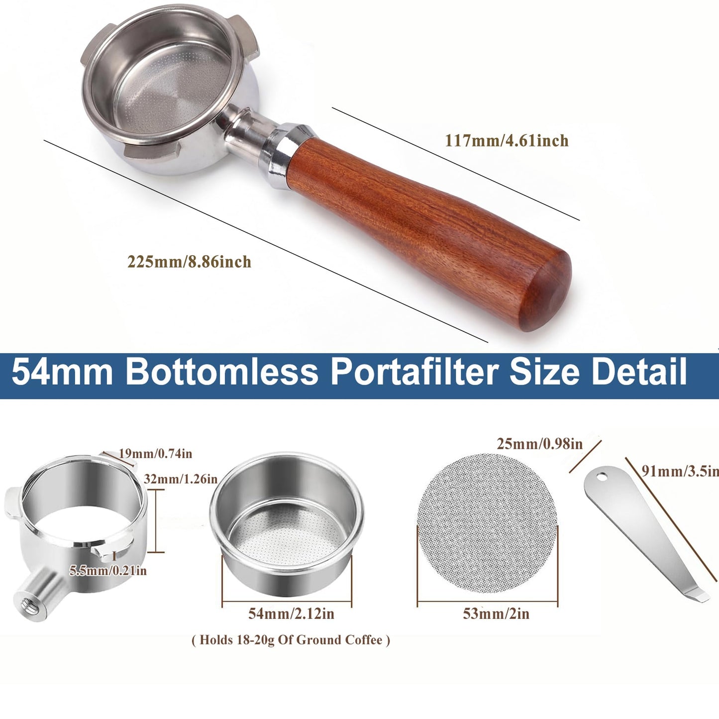 54mm Bottomless Portafilter Compatible with Breville BES870/878/880/876 Series Barista Espresso Pro, 3 Ears Naked Portafilter, Rosewood Handle, Includes 18–20g Filter Basket and Removal Tool