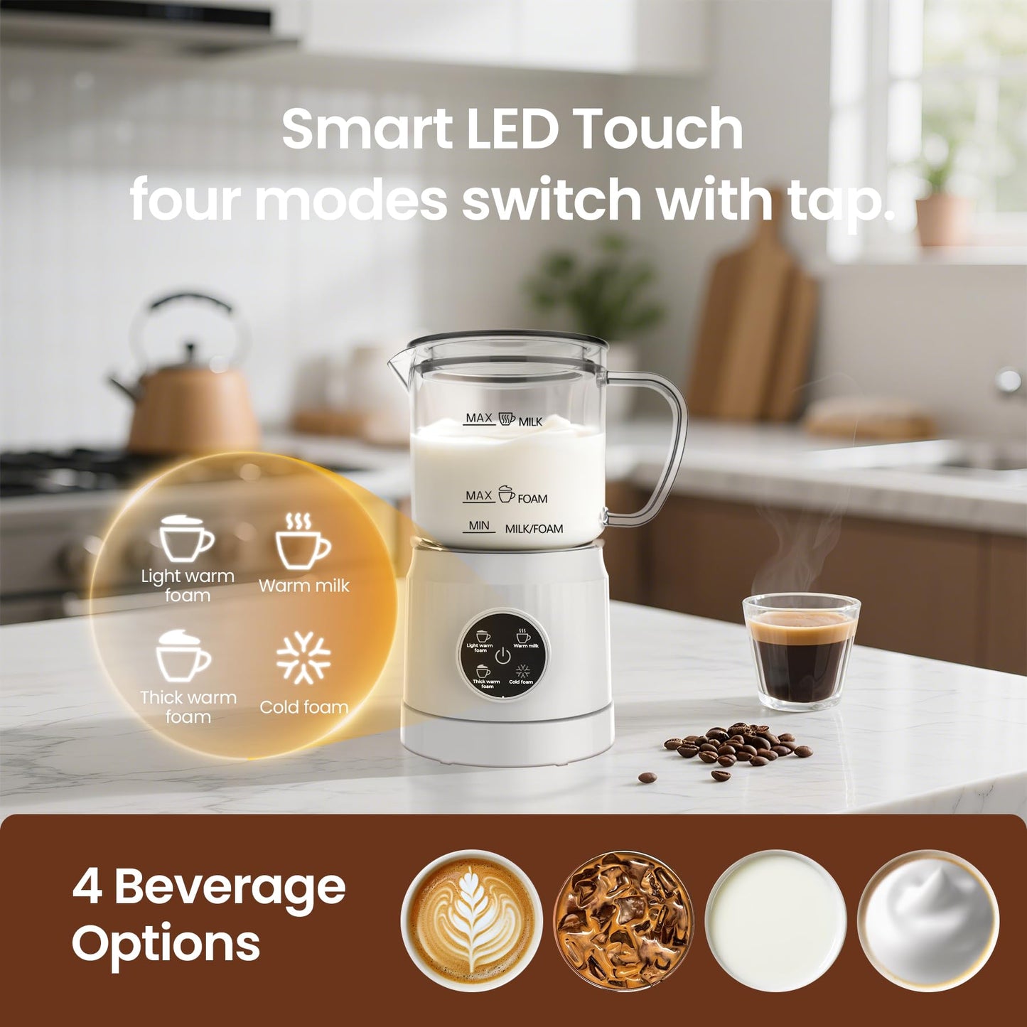 Casimhu 4-in-1 Milk Frother, Electric Milk Frother and Steamer with LED Touch Screen, Ceramic Lining Bottom, Milk Warmer 13.52oz for Lattes, Cappuccinos, and Macchiatos at Home, White