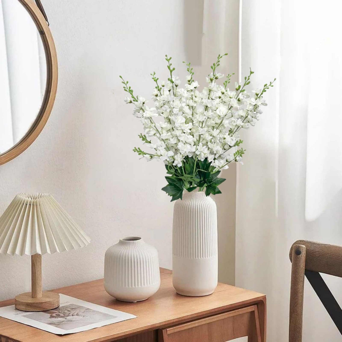 aunosit 8 pcs White Delphinium Artificial Flowers, 34.25''Artificial Snapdragon Flowers Tall Fake Flowers Silk Flowers Faux Delphinium Bulk for Tall Vase Home Wedding Garden Table Decor (White)