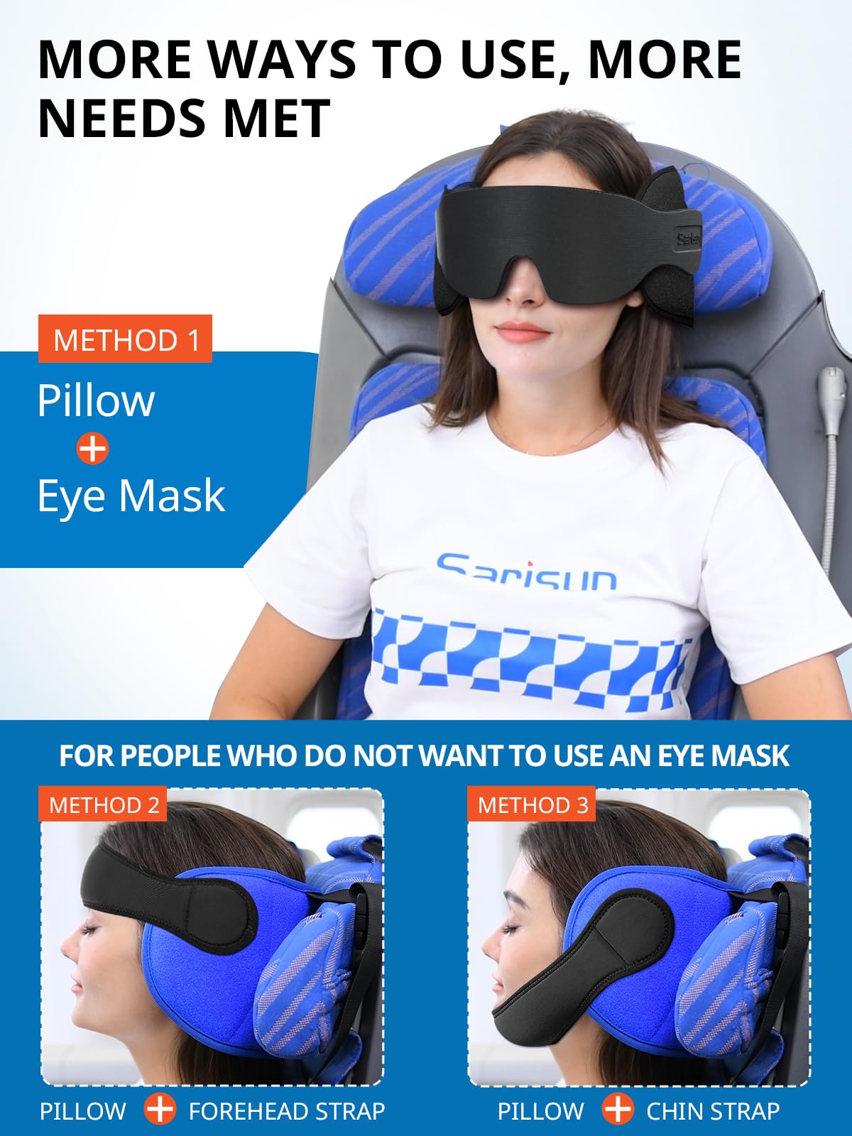 SARISUN Travel Pillows for Airplanes with Sleep Eye Mask, Chin Strap, Airplane Pillow for Long Flights, Car Road Trip, 360° Support Headrest, Travel Essentials Stop Bobblehead, Mottled Blue